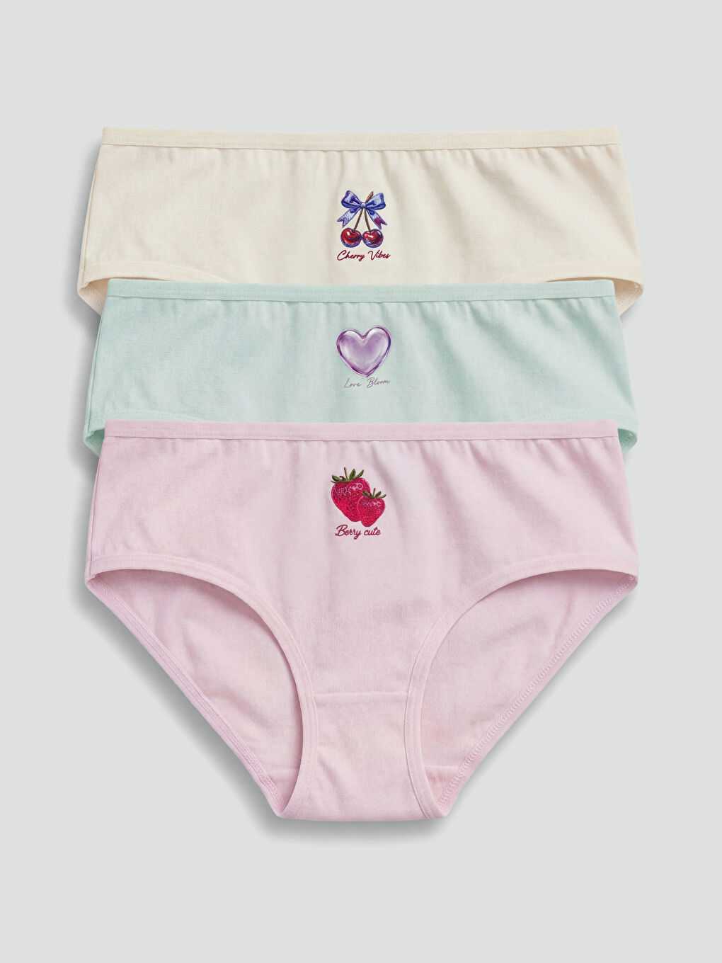 Ekru Meyve ve Kalp Baskılı Kız Çocuk Külot 3'lü-5