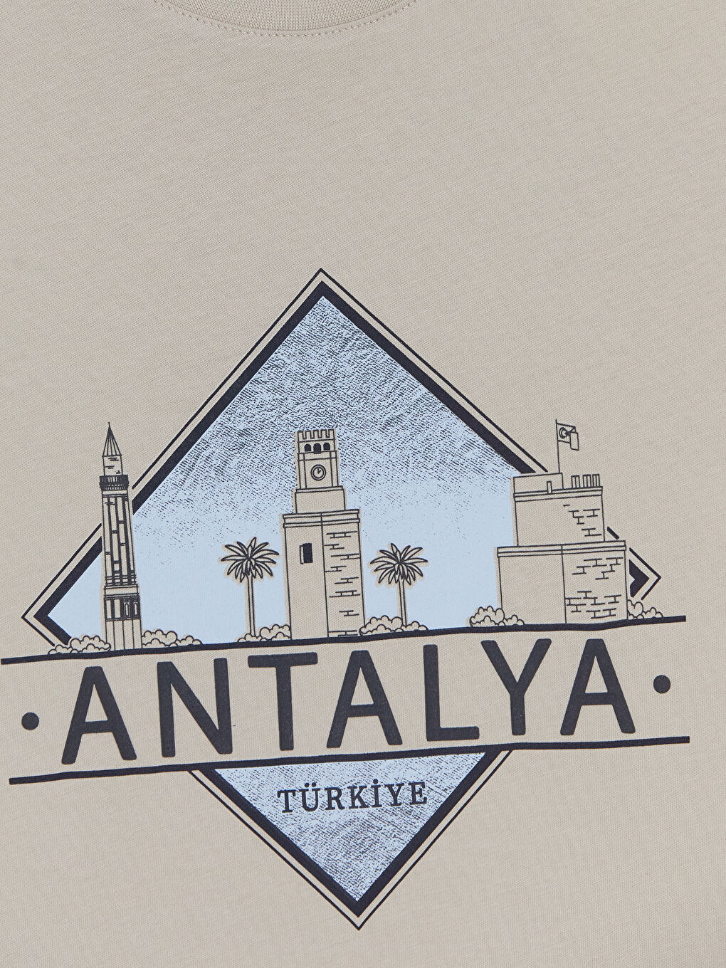 Bej Bisiklet Yaka Antalya Baskılı Erkek Tişört-2