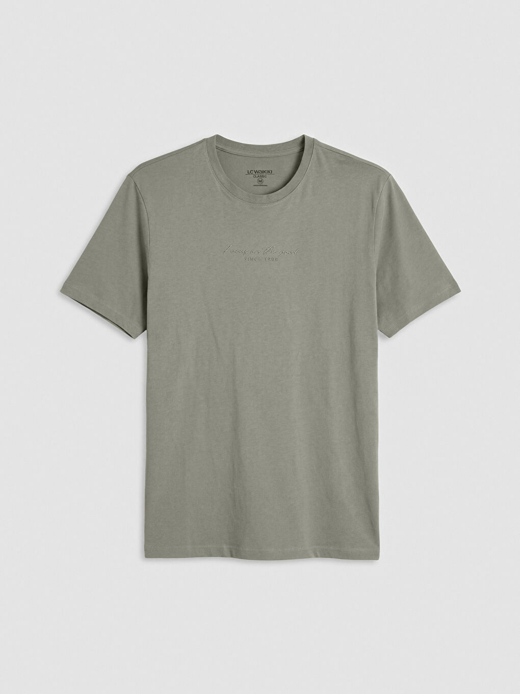 Haki Bisiklet Yaka Nakışlı Erkek Tişört