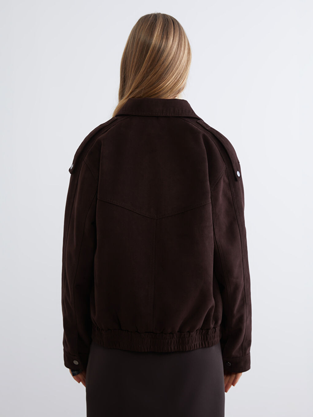 Kahverengi Gömlek Yaka Kadın Süet Görünümlü Mont-4