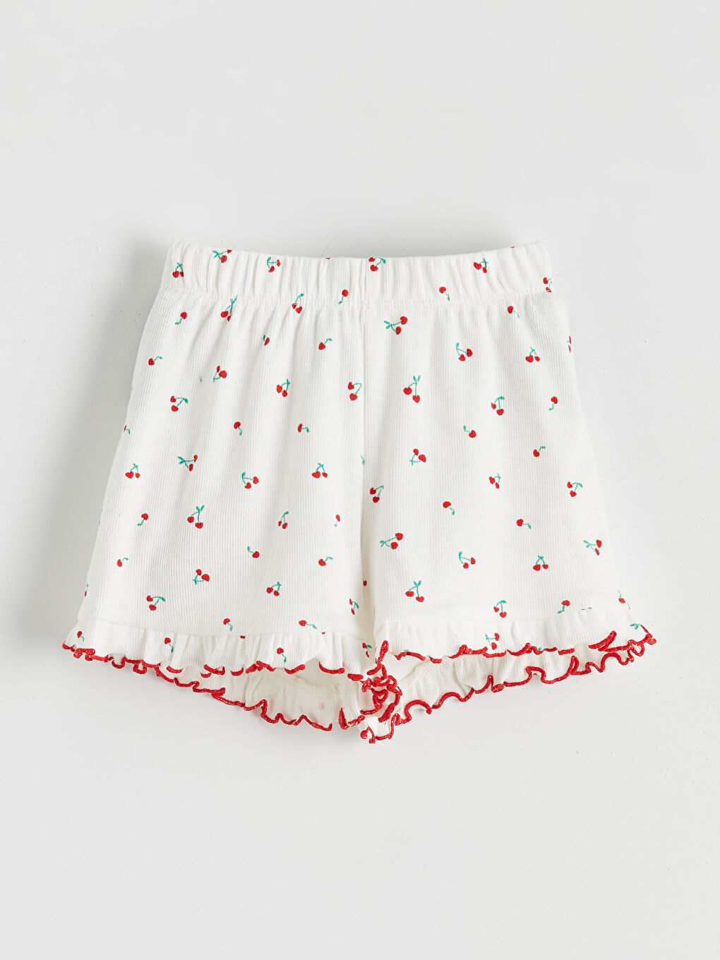 Ekru Kiraz Baskılı Fırfırlı Kız Çocuk Tişört