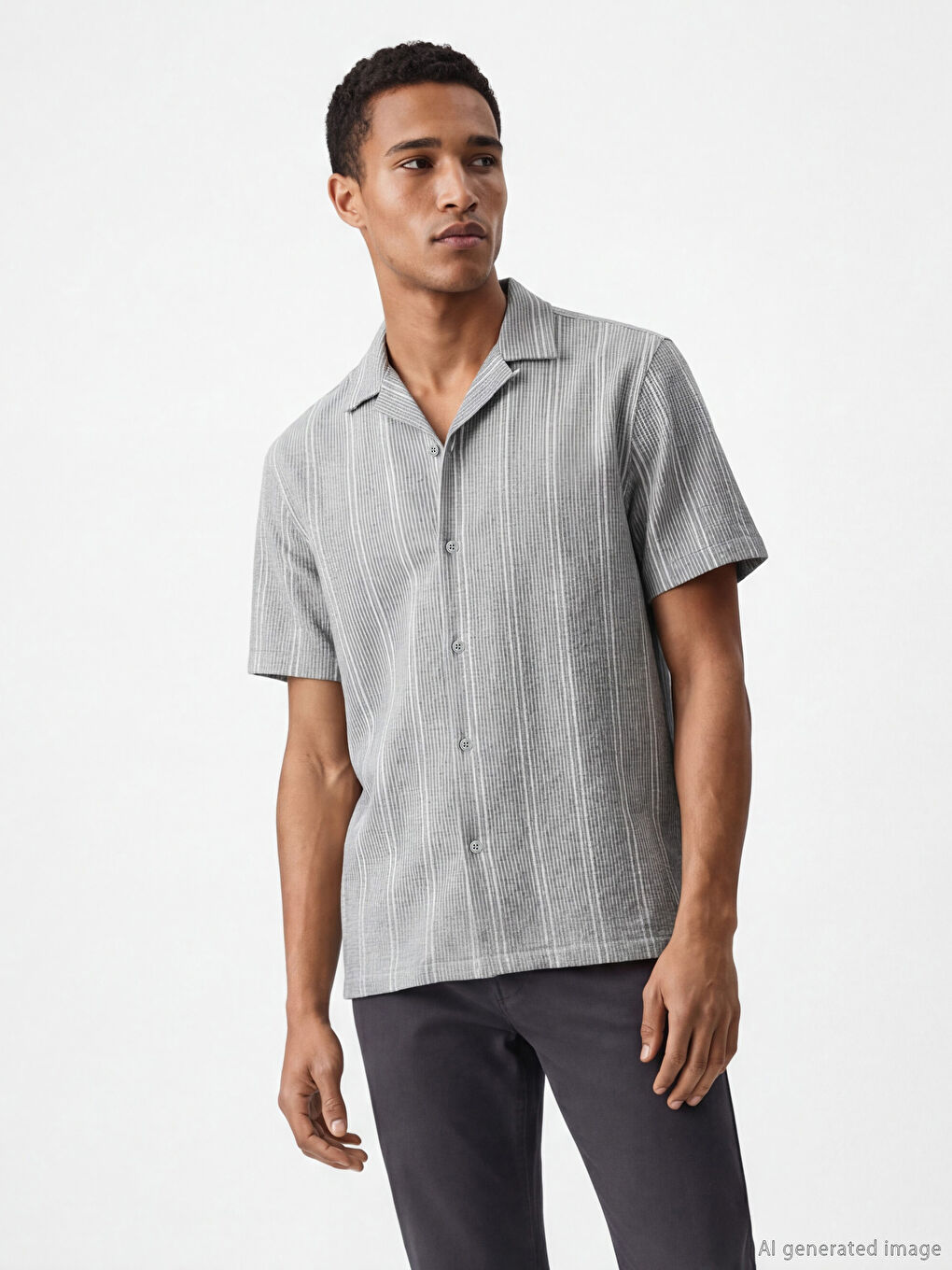 Gri Regular Fit Kısa Kollu Çizgili Erkek Gömlek