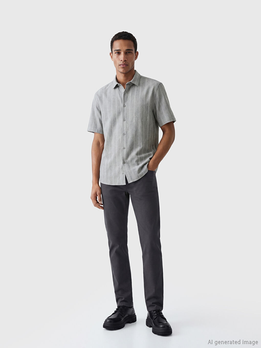 Gri Regular Fit Kısa Kollu Çizgili Erkek Gömlek-1