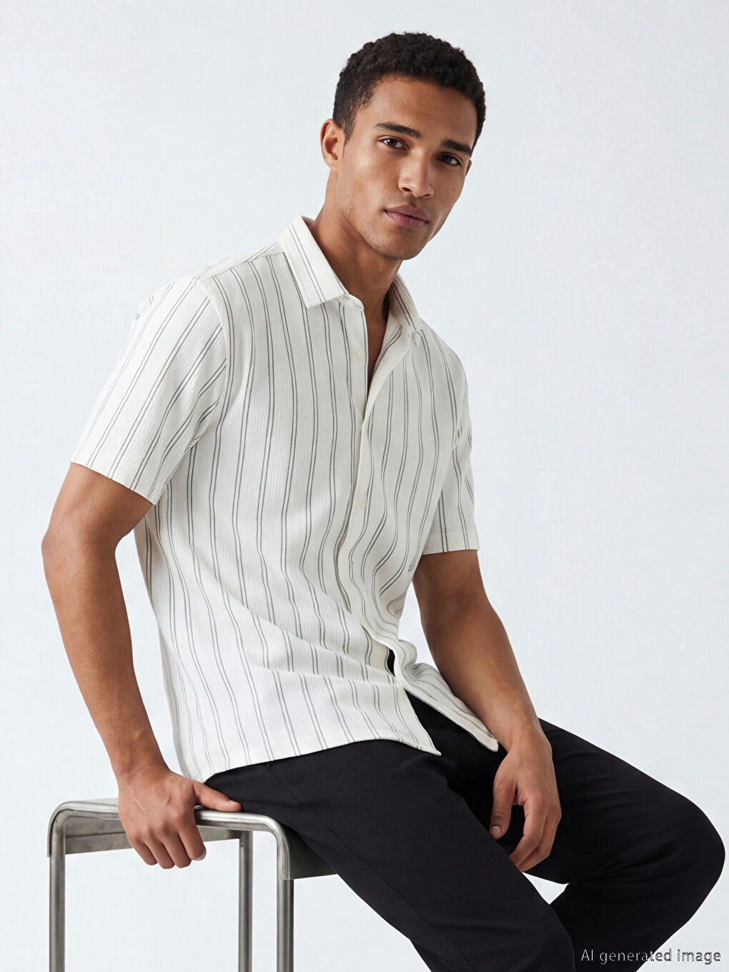 Ekru Regular Fit Kısa Kollu Çizgili Erkek Gömlek