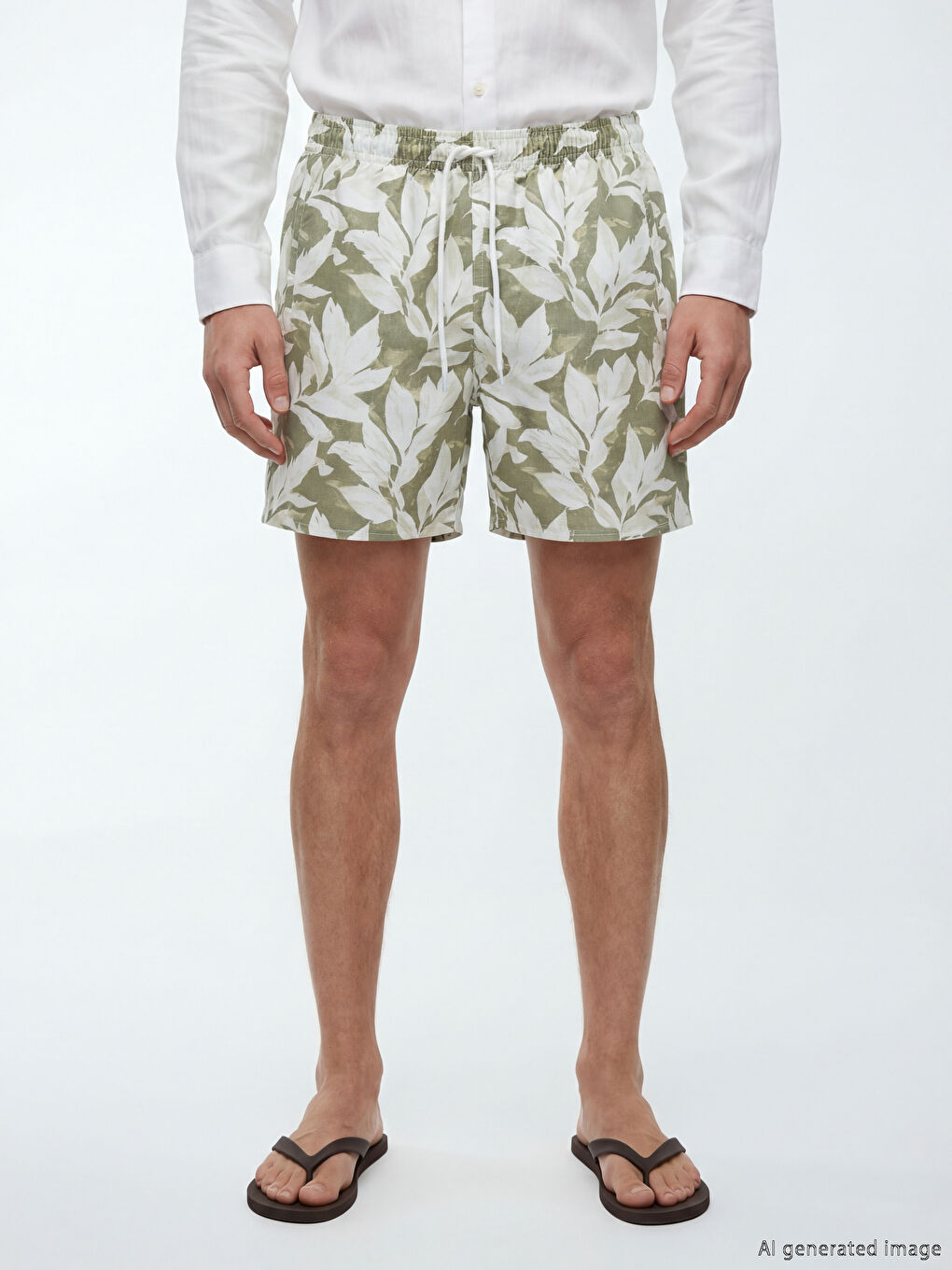 Yeşil Kısa Boy Yaprak Desenli Erkek Deniz Şortu-1