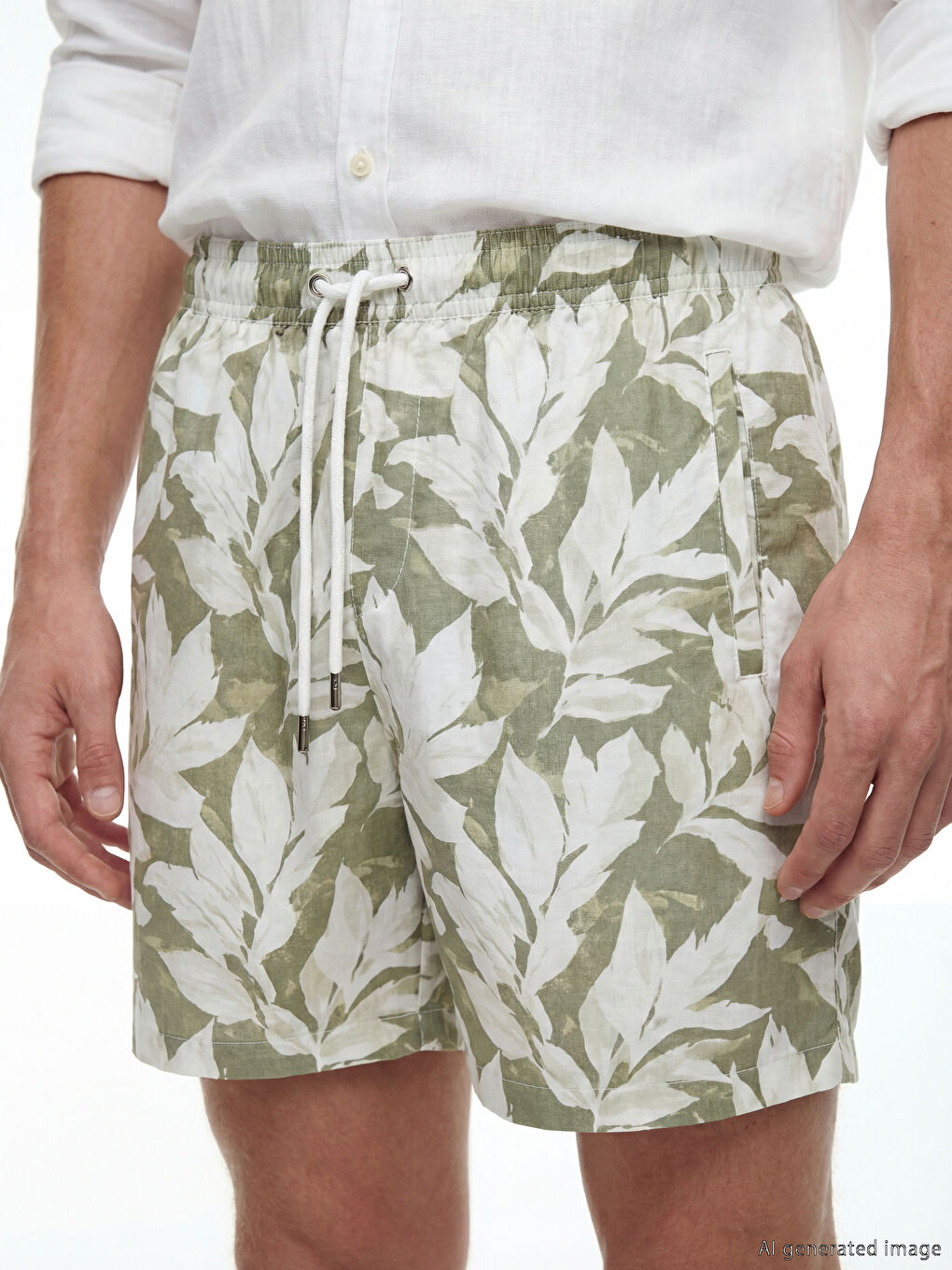 Yeşil Kısa Boy Yaprak Desenli Erkek Deniz Şortu-2