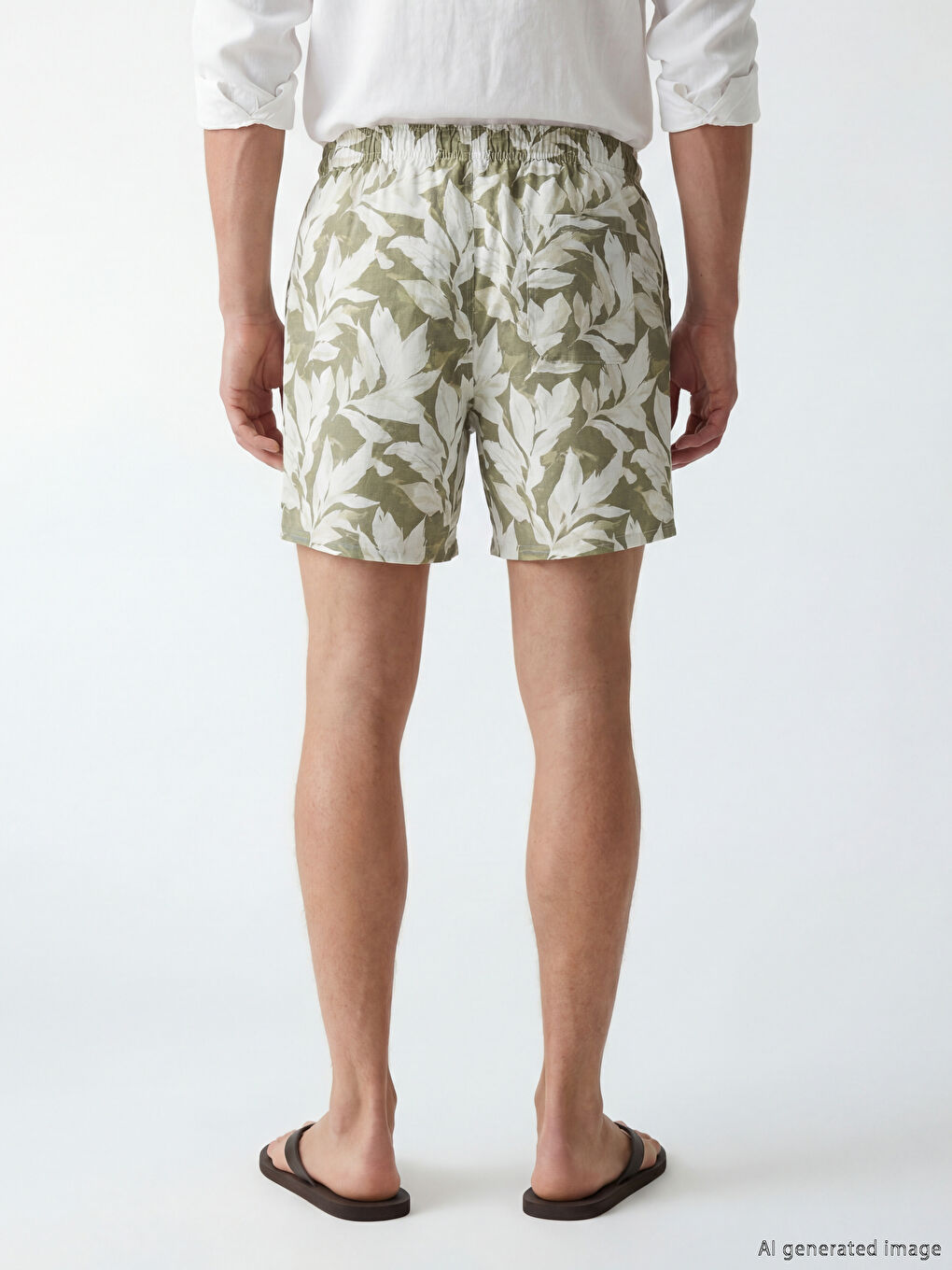 Yeşil Kısa Boy Yaprak Desenli Erkek Deniz Şortu-3