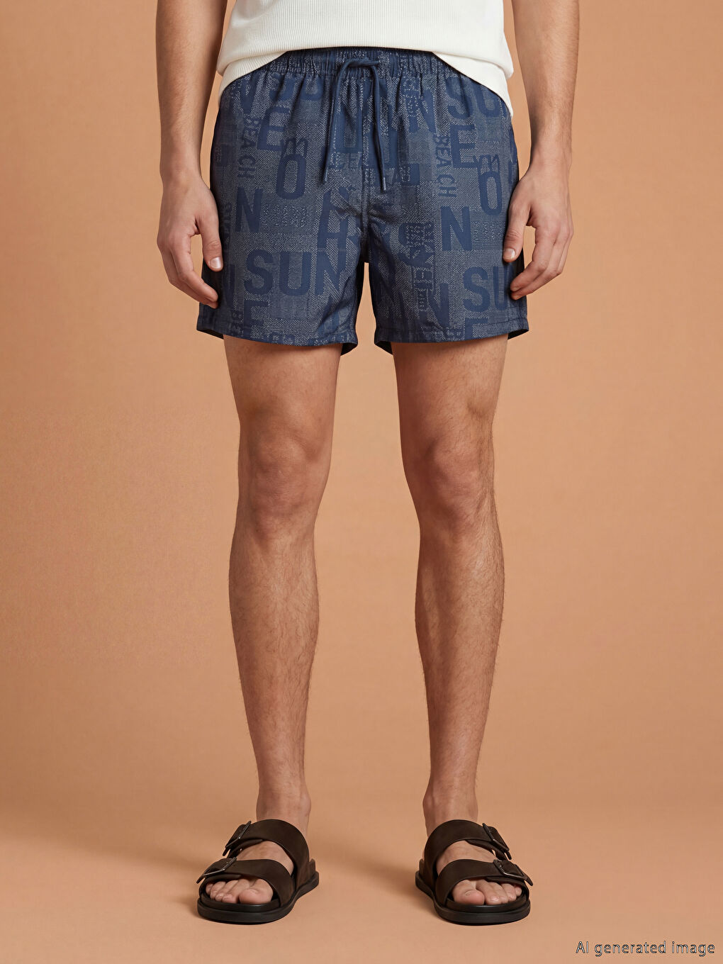 Lacivert Kısa Boy Yazı Baskılı Erkek Deniz Şortu-1