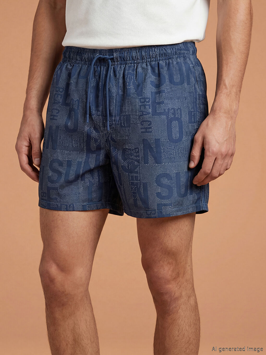 Lacivert Kısa Boy Yazı Baskılı Erkek Deniz Şortu-2