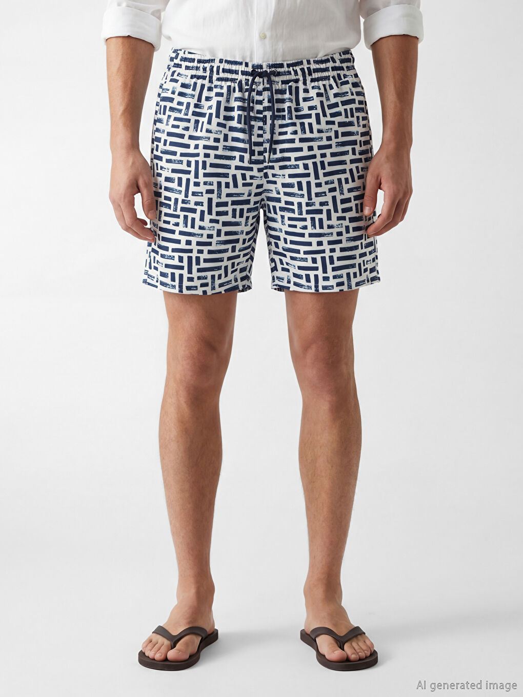 Lacivert Diz Hizası Boy Desenli Erkek Deniz Şortu-1