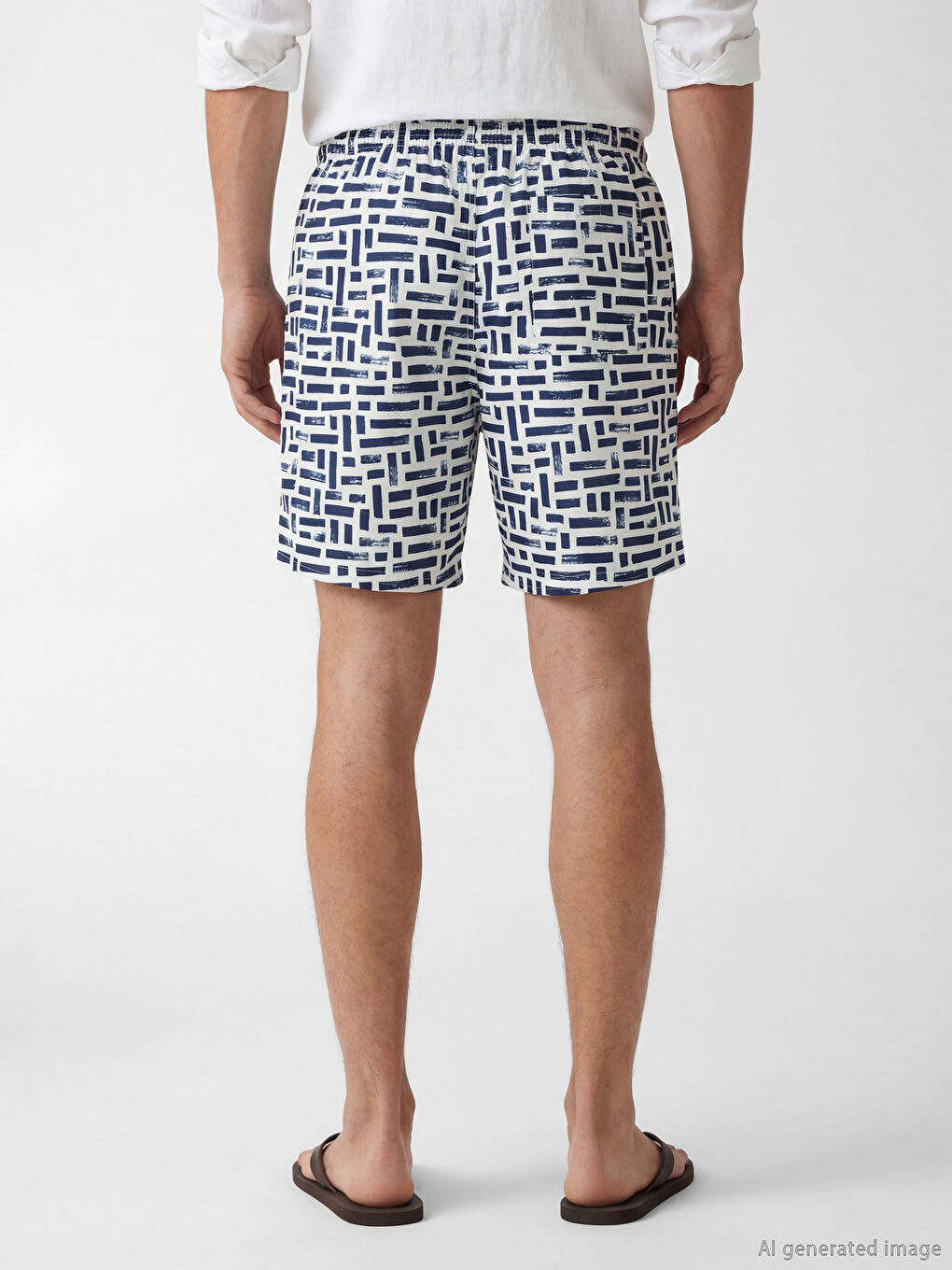 Lacivert Diz Hizası Boy Desenli Erkek Deniz Şortu-3