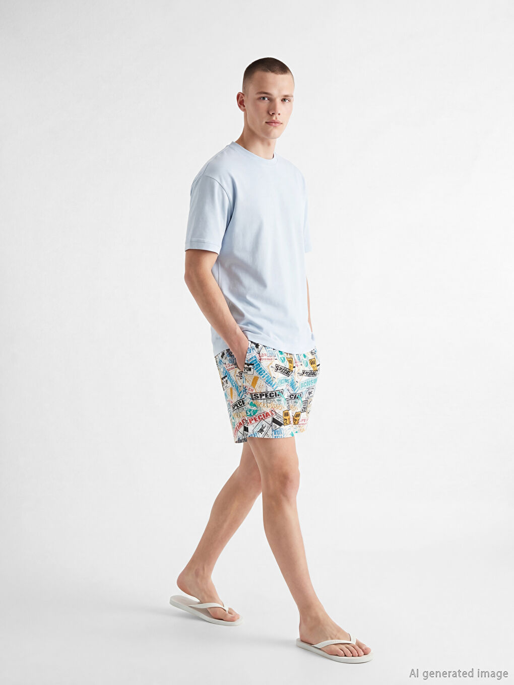 Beyaz Kısa Boy Desenli Erkek Deniz Şortu