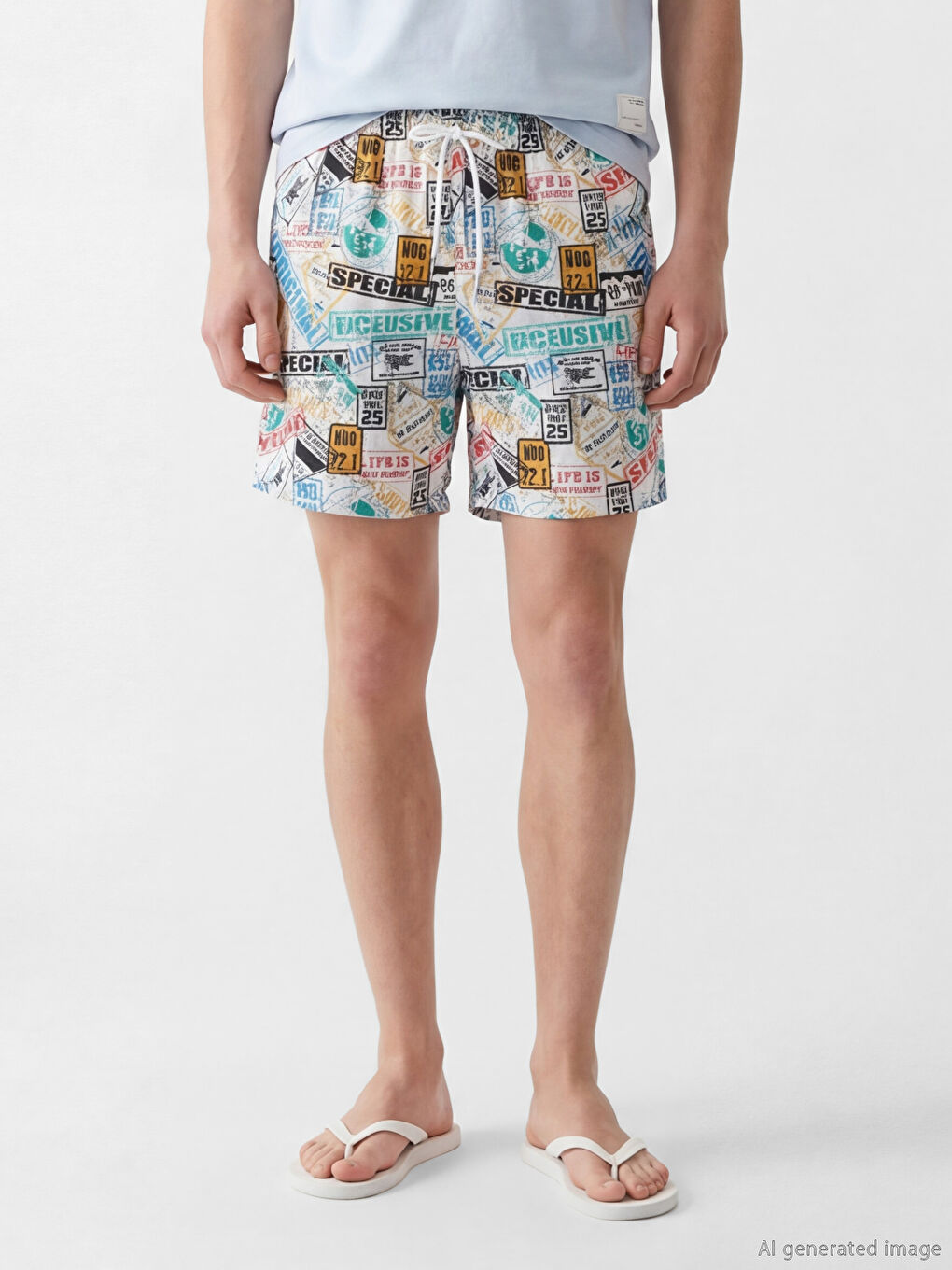 Beyaz Kısa Boy Desenli Erkek Deniz Şortu-1