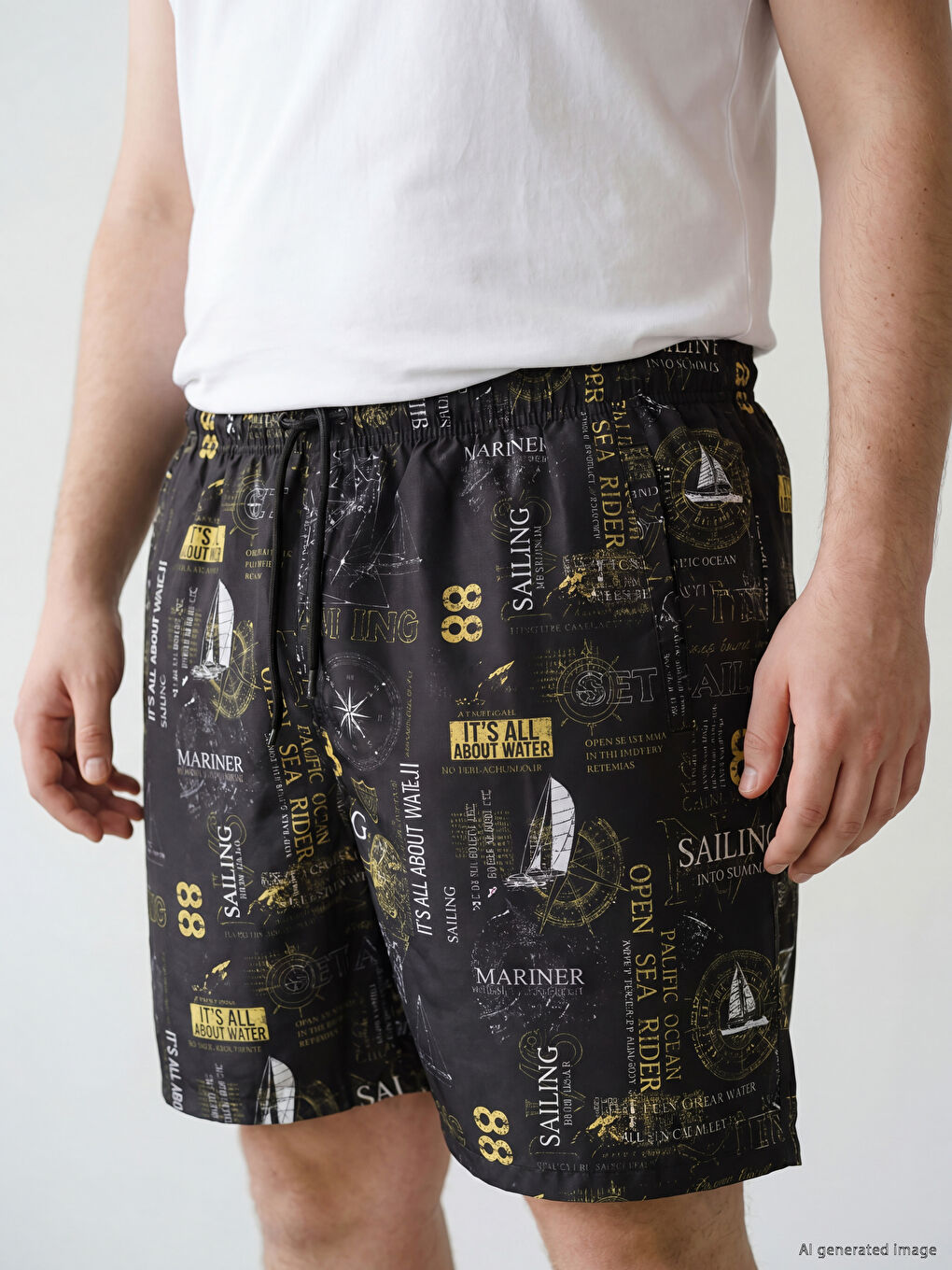 Antrasit Diz Hizası Boy Desenli Erkek Deniz Şortu-2