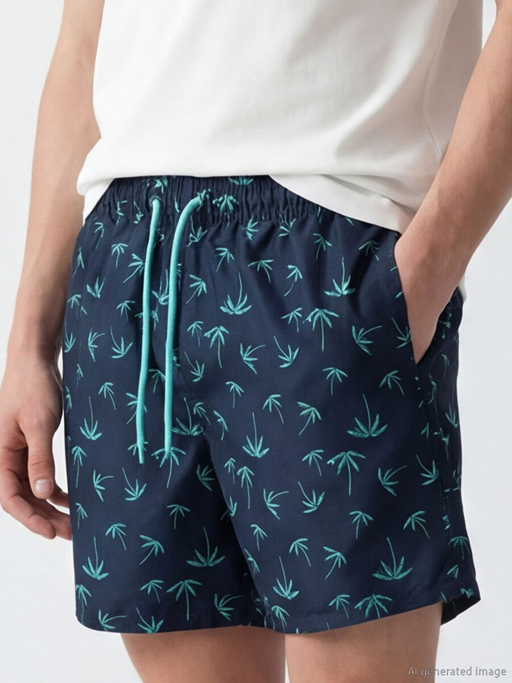 Lacivert Kısa Boy Palmiye Desenli Erkek Deniz Şortu-2