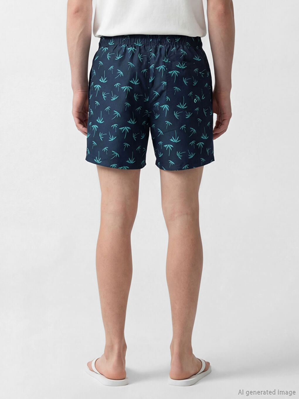 Lacivert Kısa Boy Palmiye Desenli Erkek Deniz Şortu-3