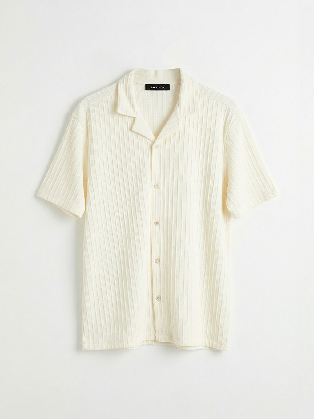 Ekru Regular Fit Resort Yaka Armürlü Erkek Gömlek-4