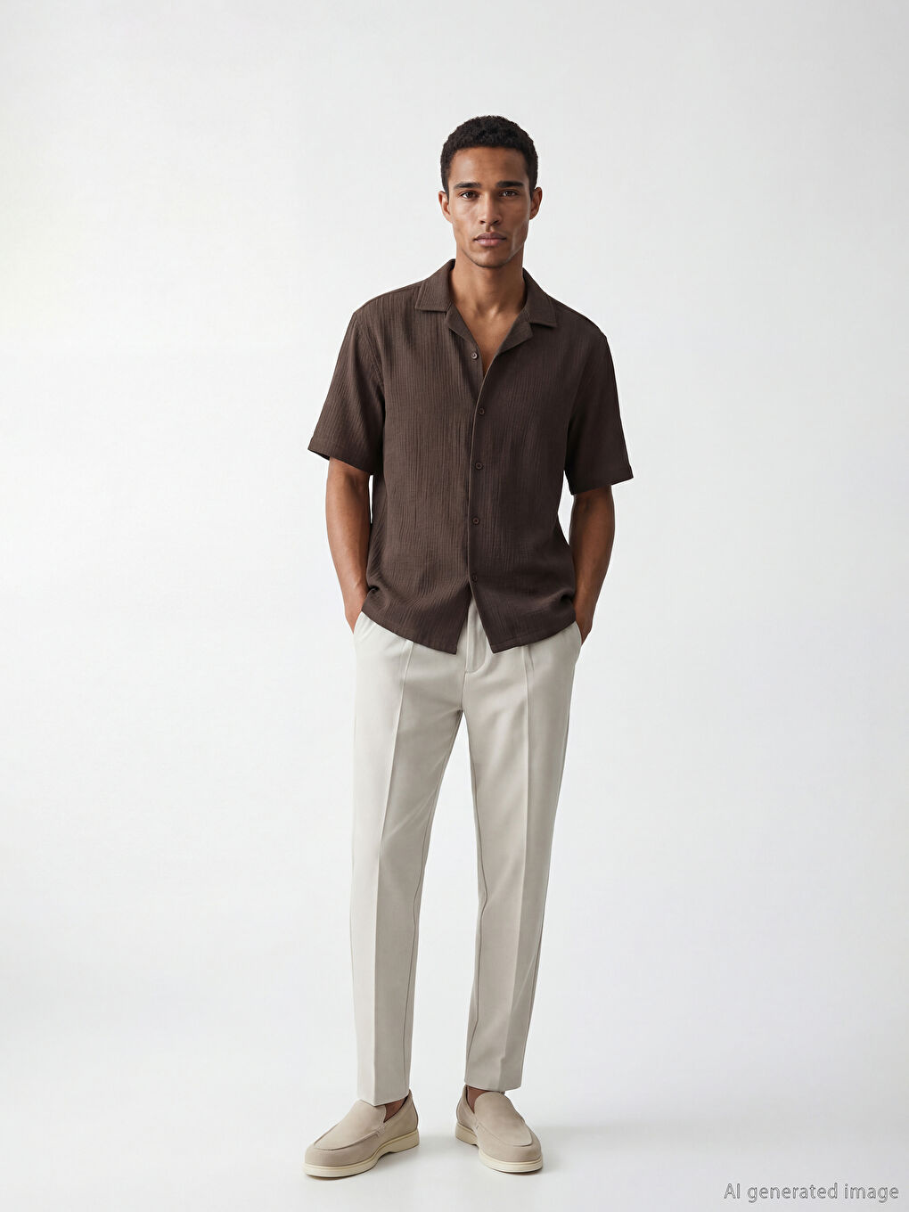 Kahverengi Regular Fit Resort Yaka Müslin Erkek Gömlek-1