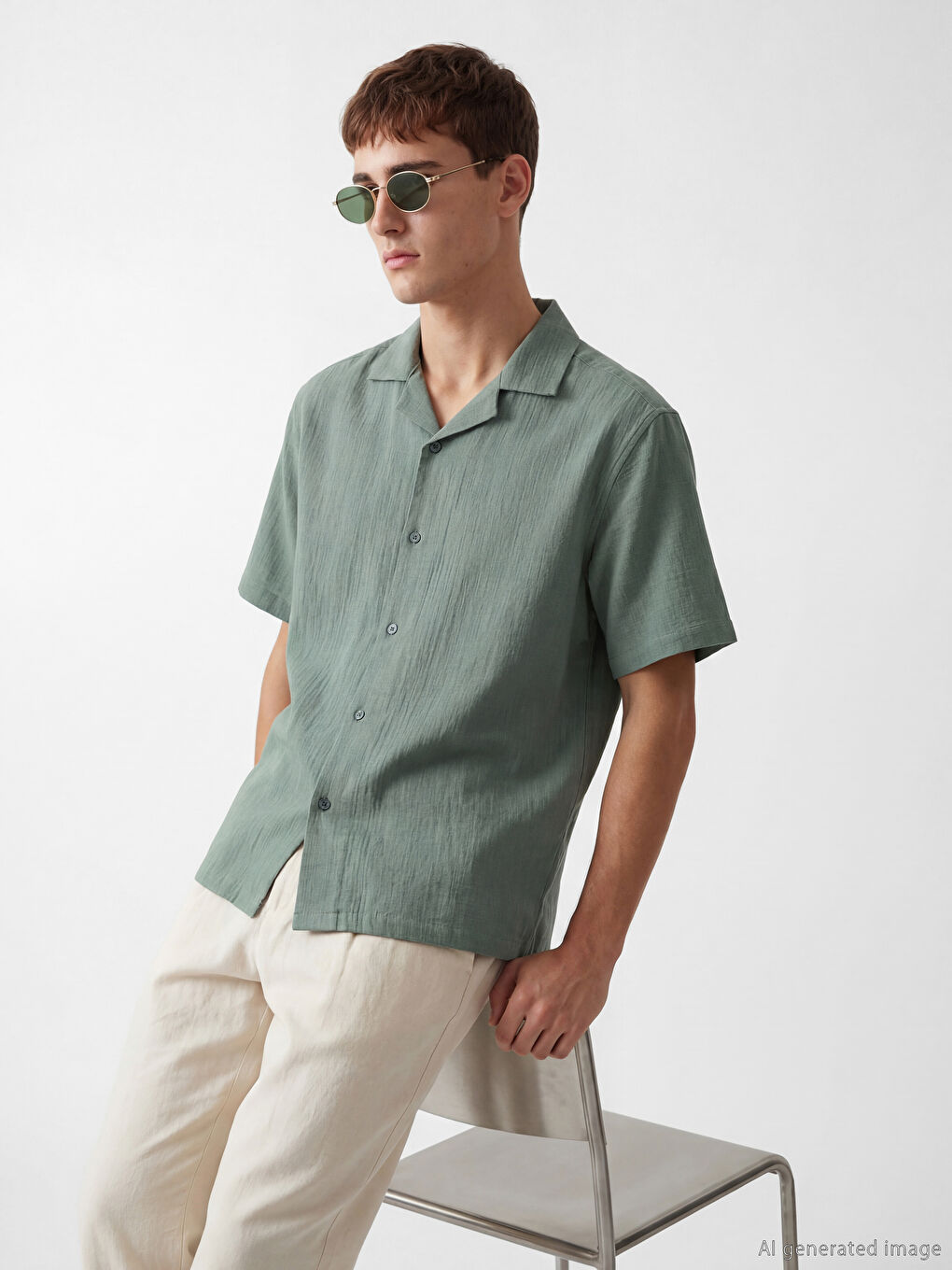 Petrol Regular Fit Resort Yaka Müslin Erkek Gömlek