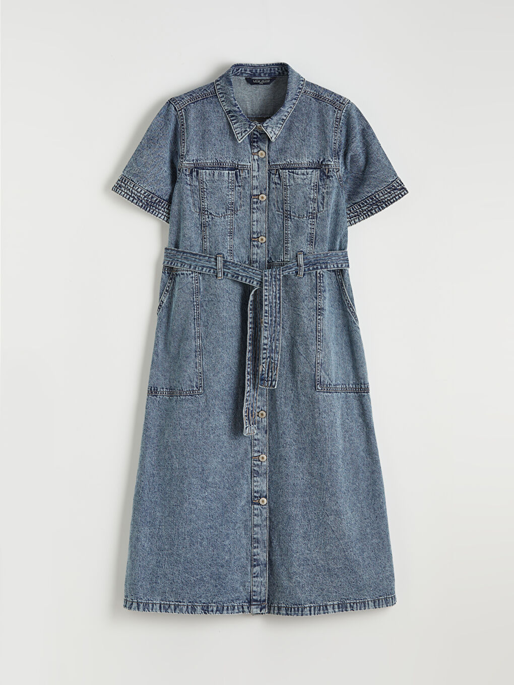 Women's Collared Neck Sash Detailed Denim Dress-4