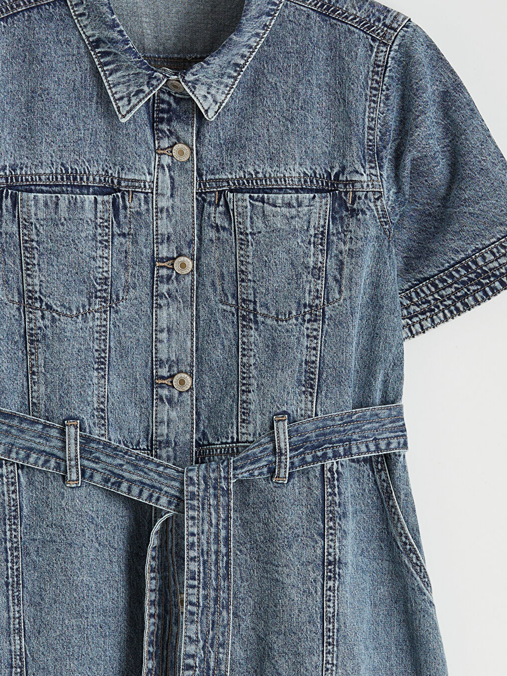 Women's Collared Neck Sash Detailed Denim Dress-5