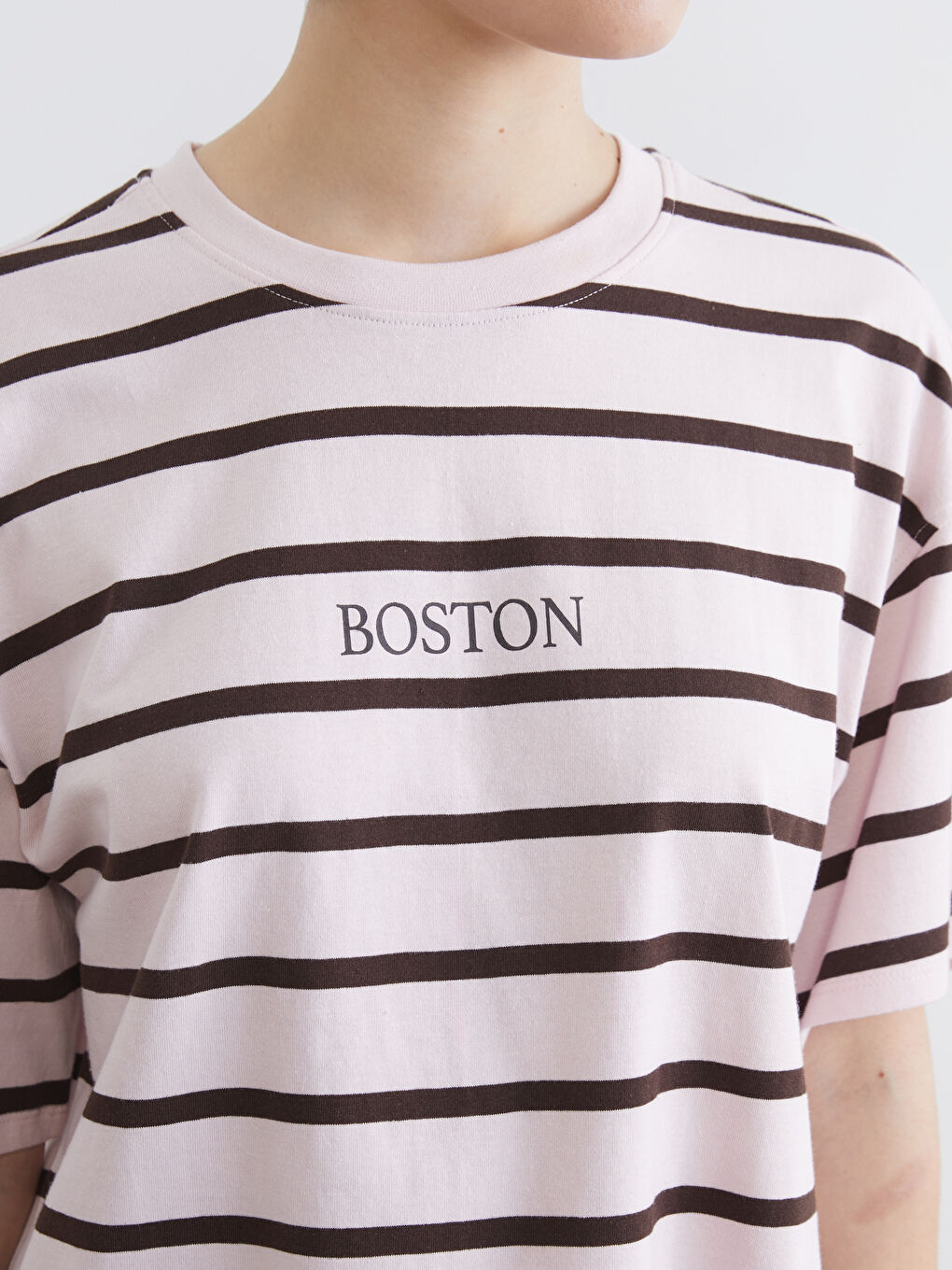 Rundhals Gestreiftes Oversize Damen T-Shirt-2