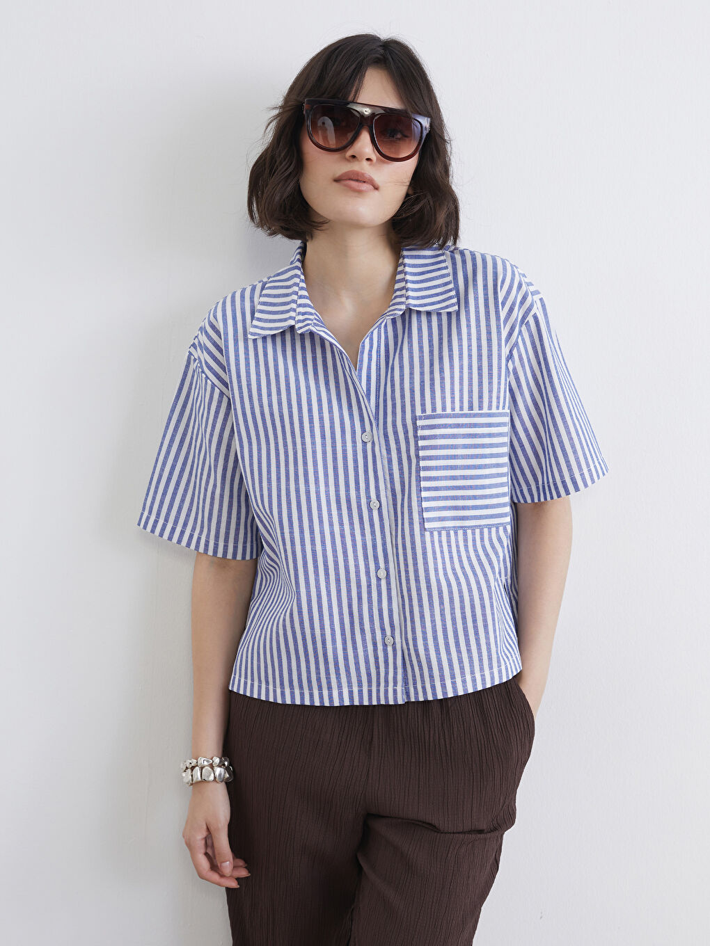 Ριγέ Πουκάμισο Όψης Λινού για Γυναίκες