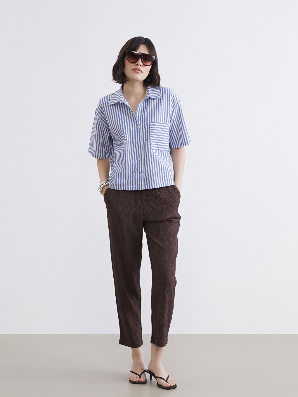 Ριγέ Πουκάμισο Όψης Λινού για Γυναίκες-1