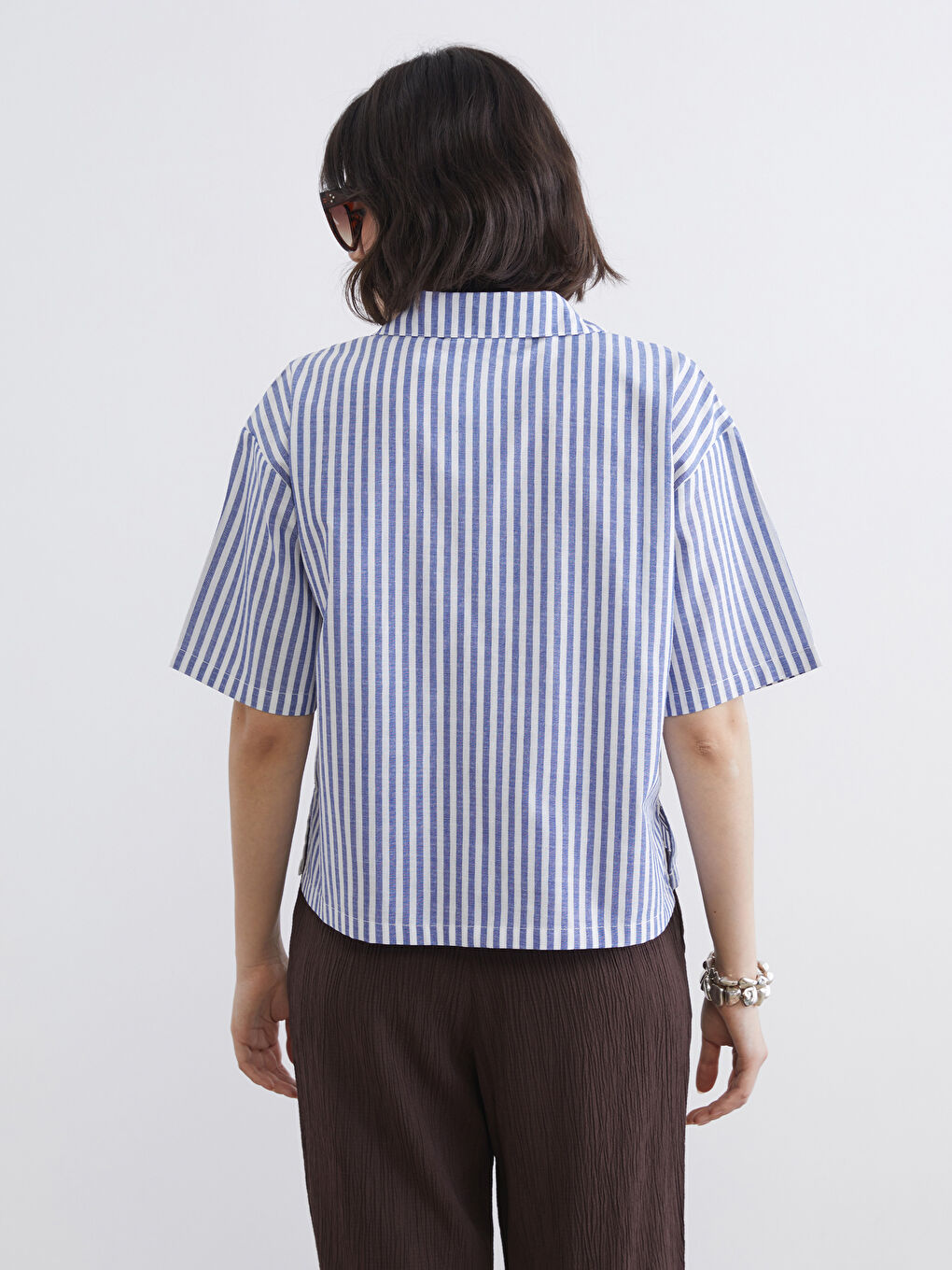 Ριγέ Πουκάμισο Όψης Λινού για Γυναίκες-4