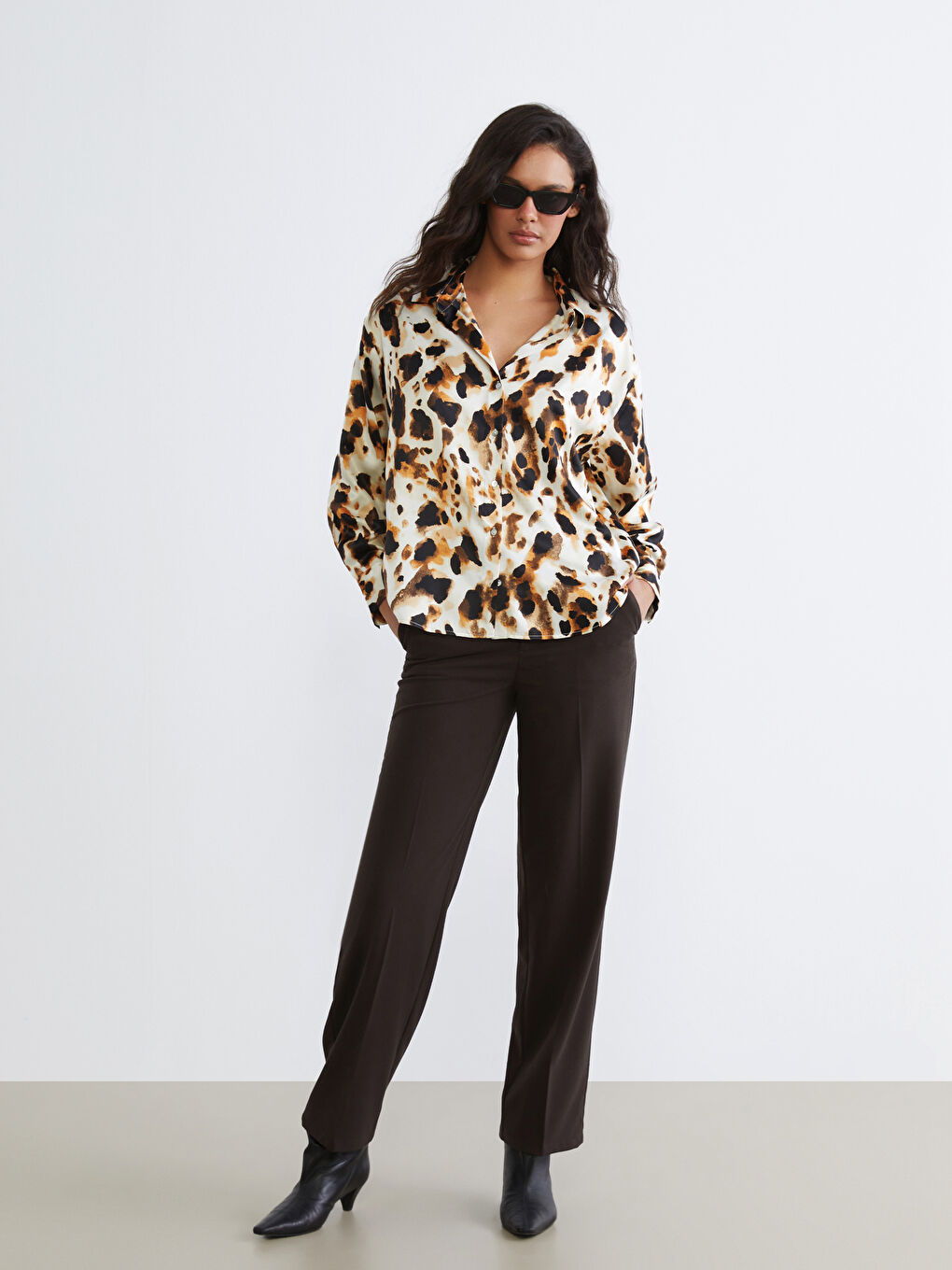 Риза от сатен с леопардов принт, овърсайз, за жени-1