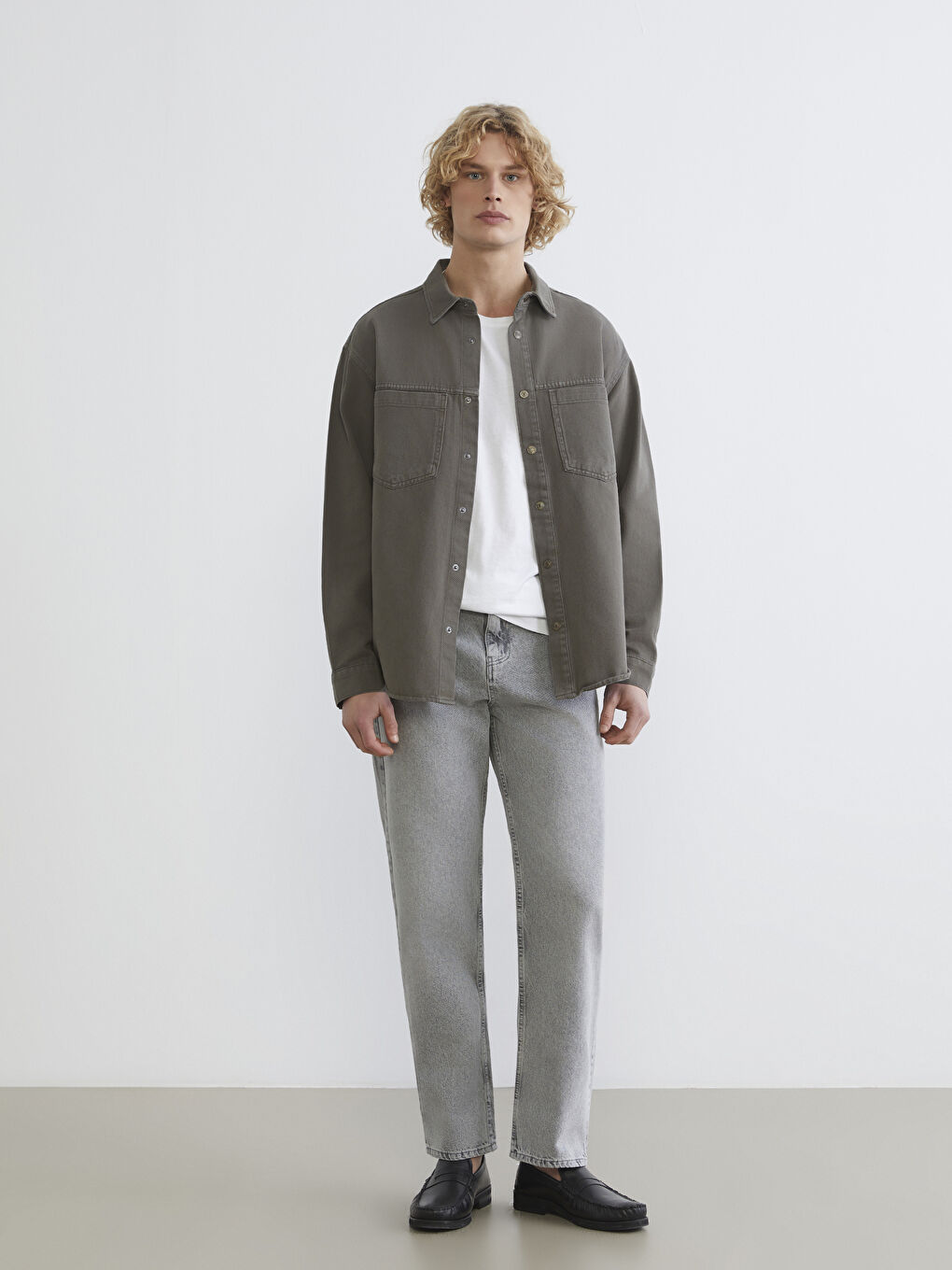 Haki Loose Fit Erkek Jean Gömlek-1