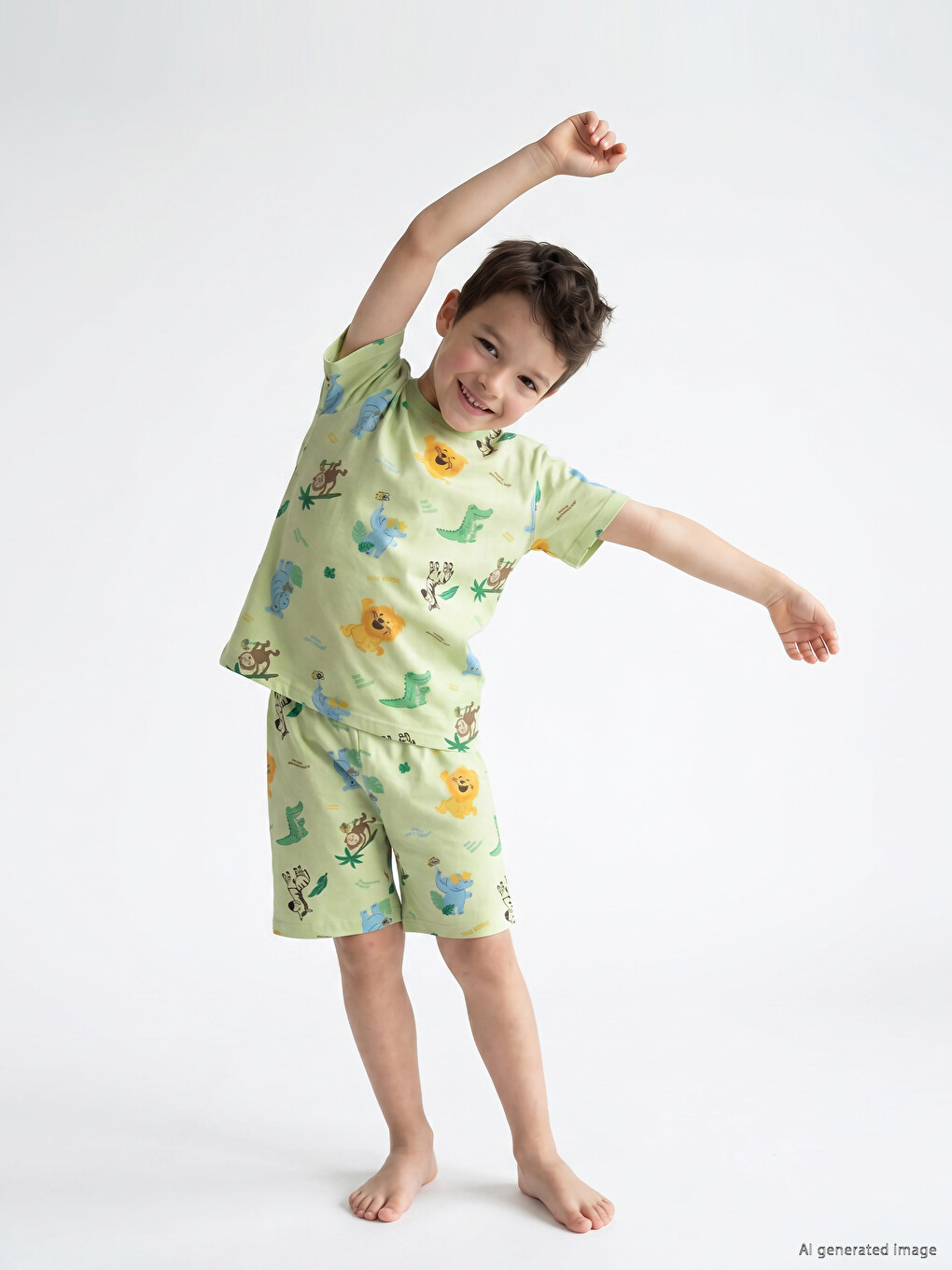 Yeşil Baskılı Erkek Çocuk Şortlu Pijama Takımı-1