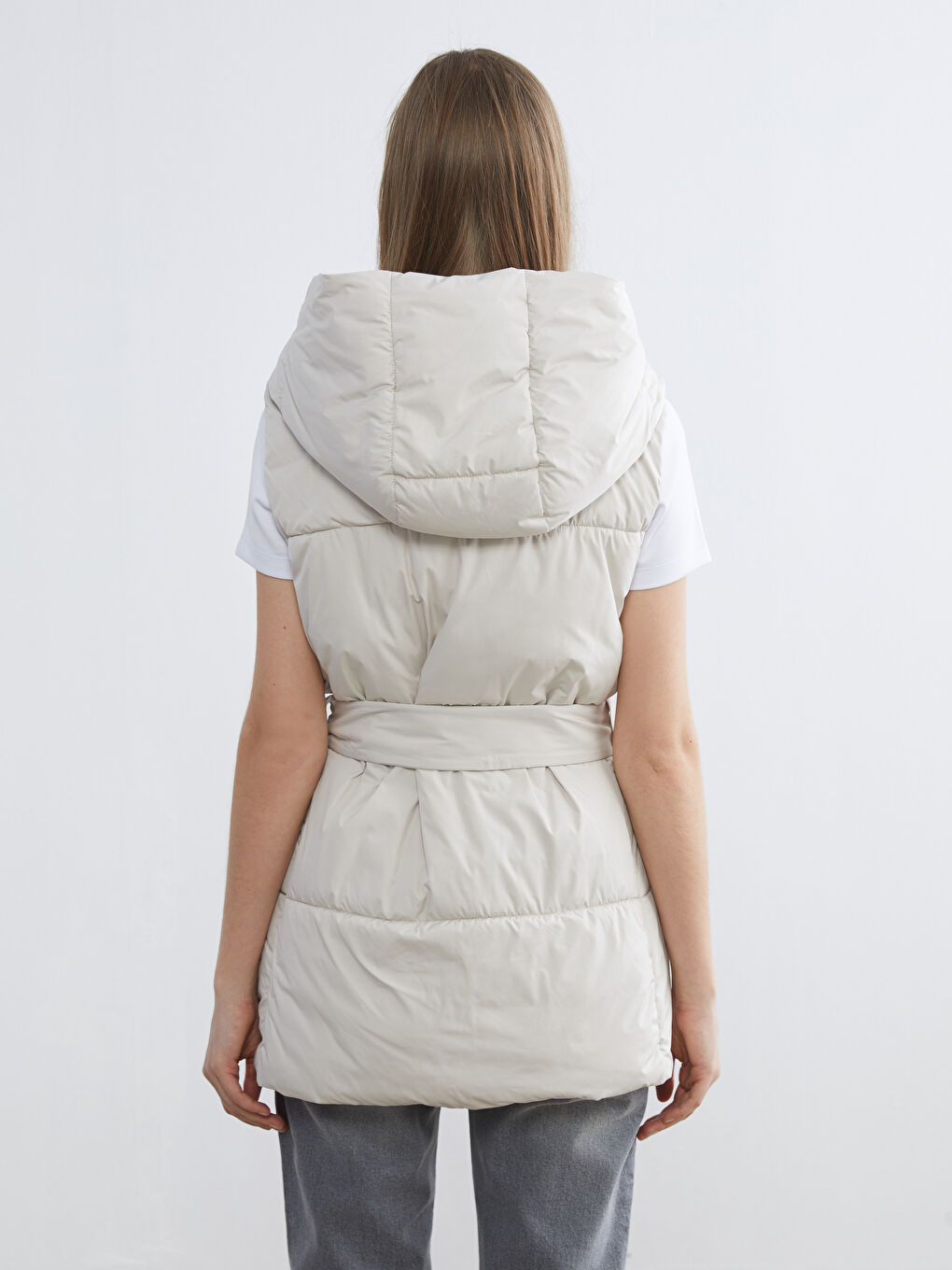 Bej Kapüşonlu Beli Kuşaklı Kadın Şişme Yelek-4