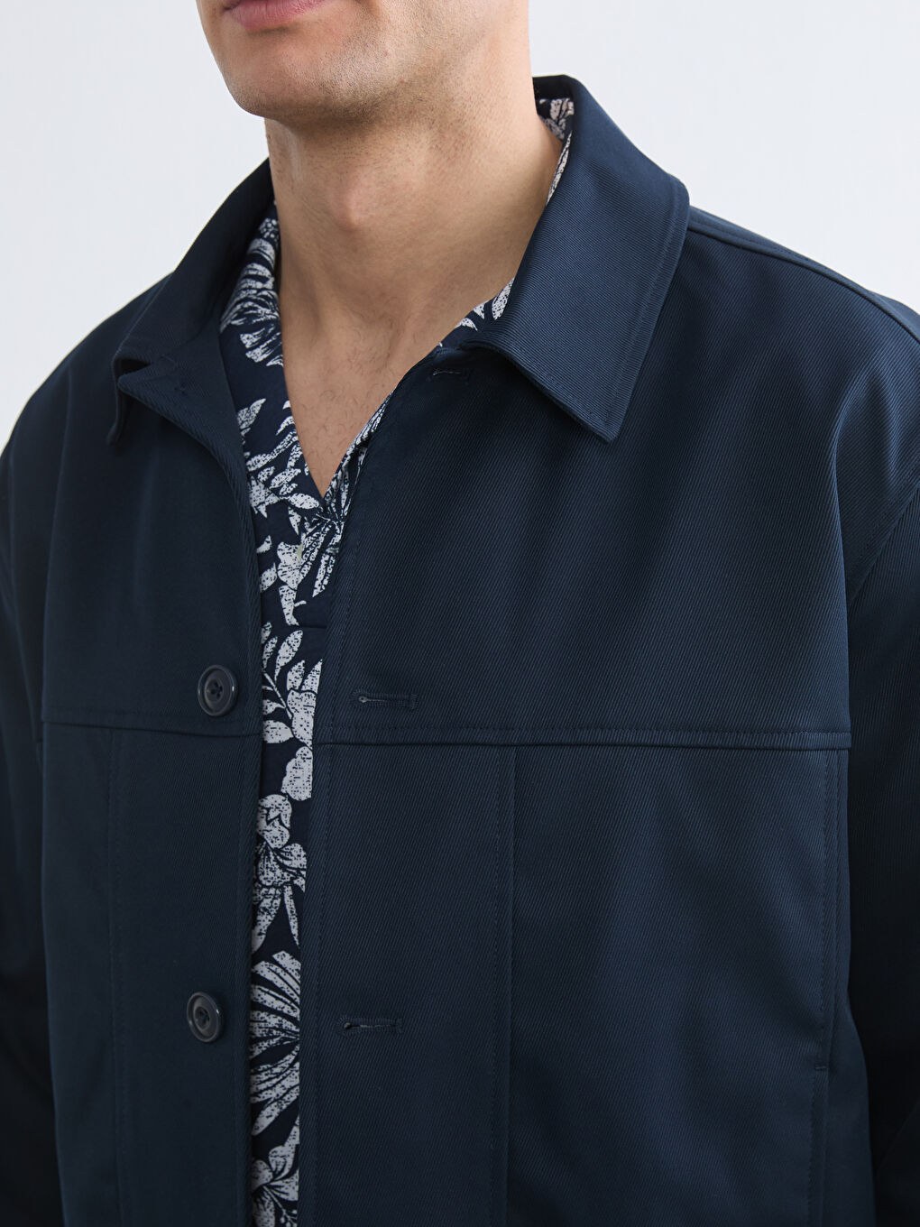 Lacivert Gabardin Rahat Kalıp Gömlek Yaka Erkek Mont-2