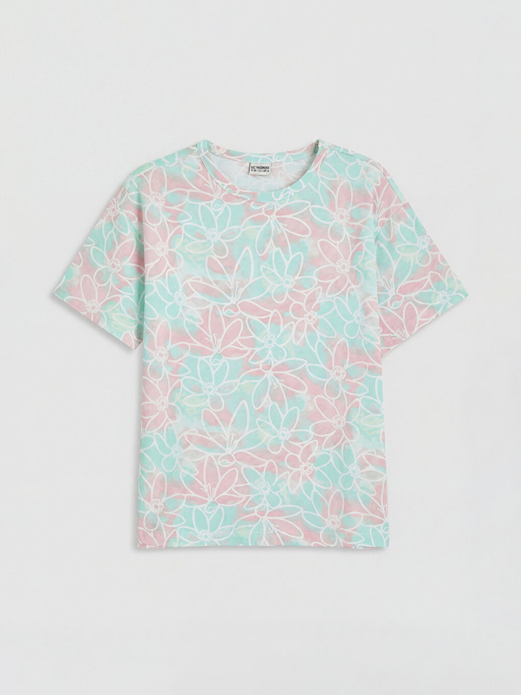 Karışık Bisiklet Yaka Çiçek Desenli Kız Çocuk Tişört