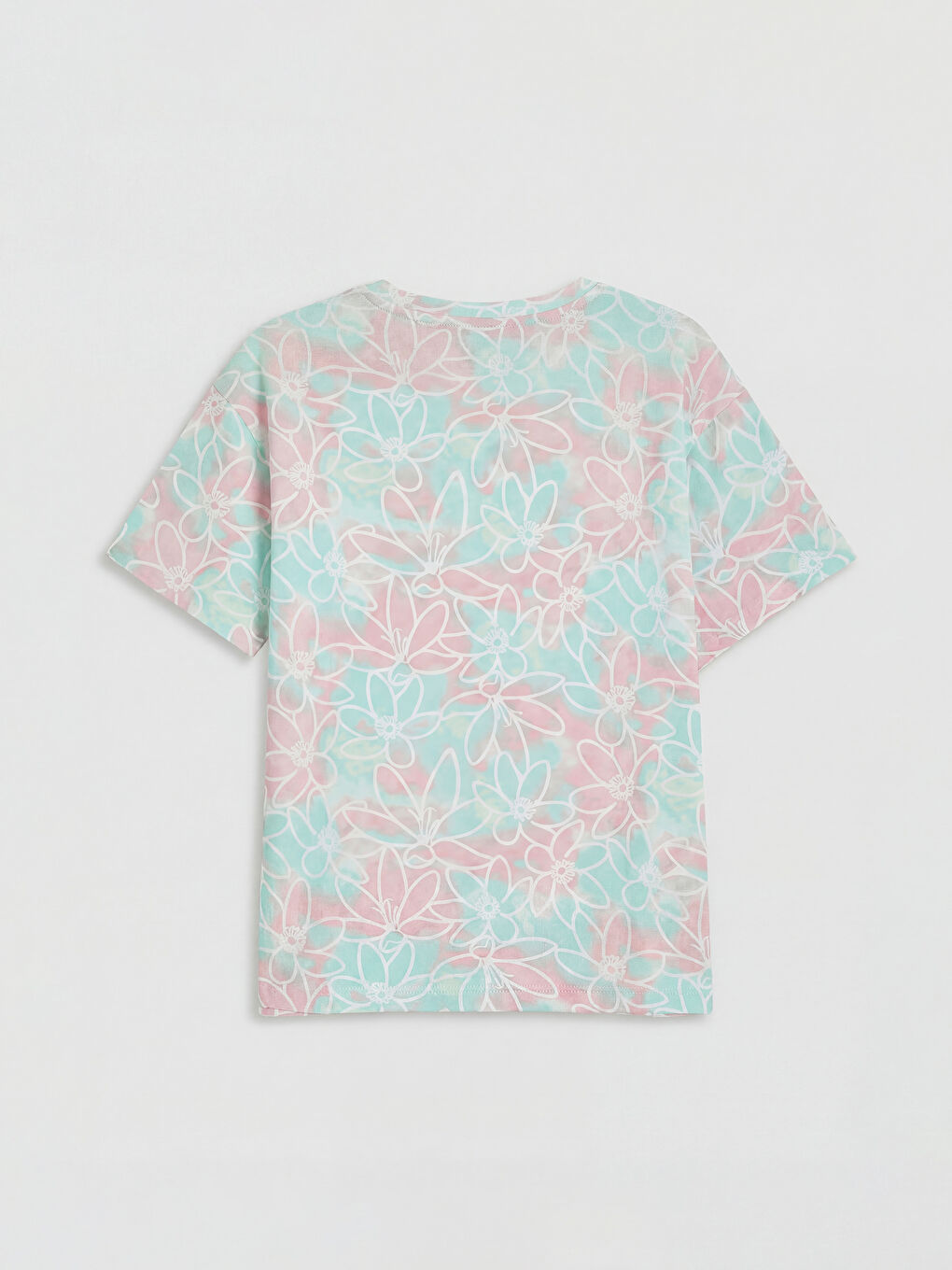 Karışık Bisiklet Yaka Çiçek Desenli Kız Çocuk Tişört-1