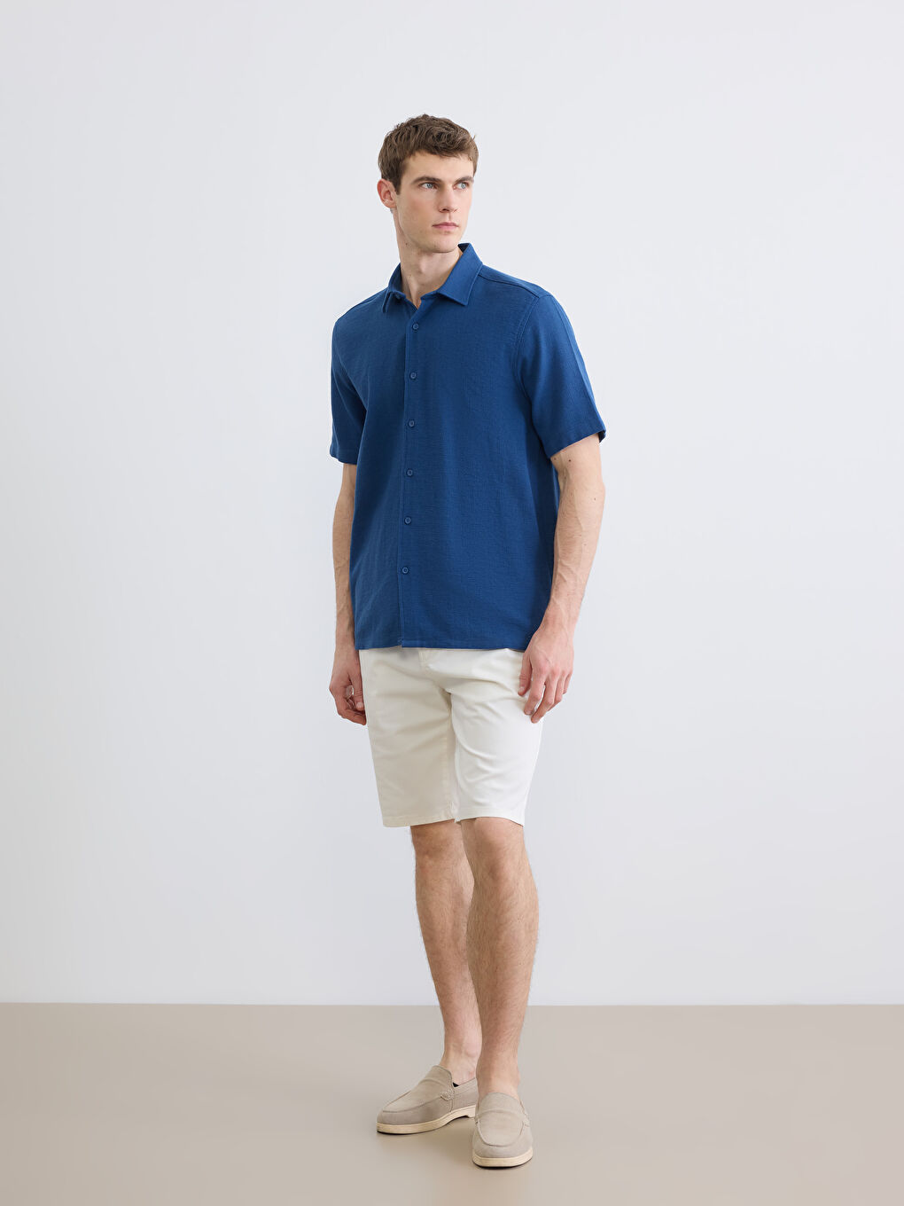 Mavi Regular Fit Keten Görünümlü Erkek Gömlek-1