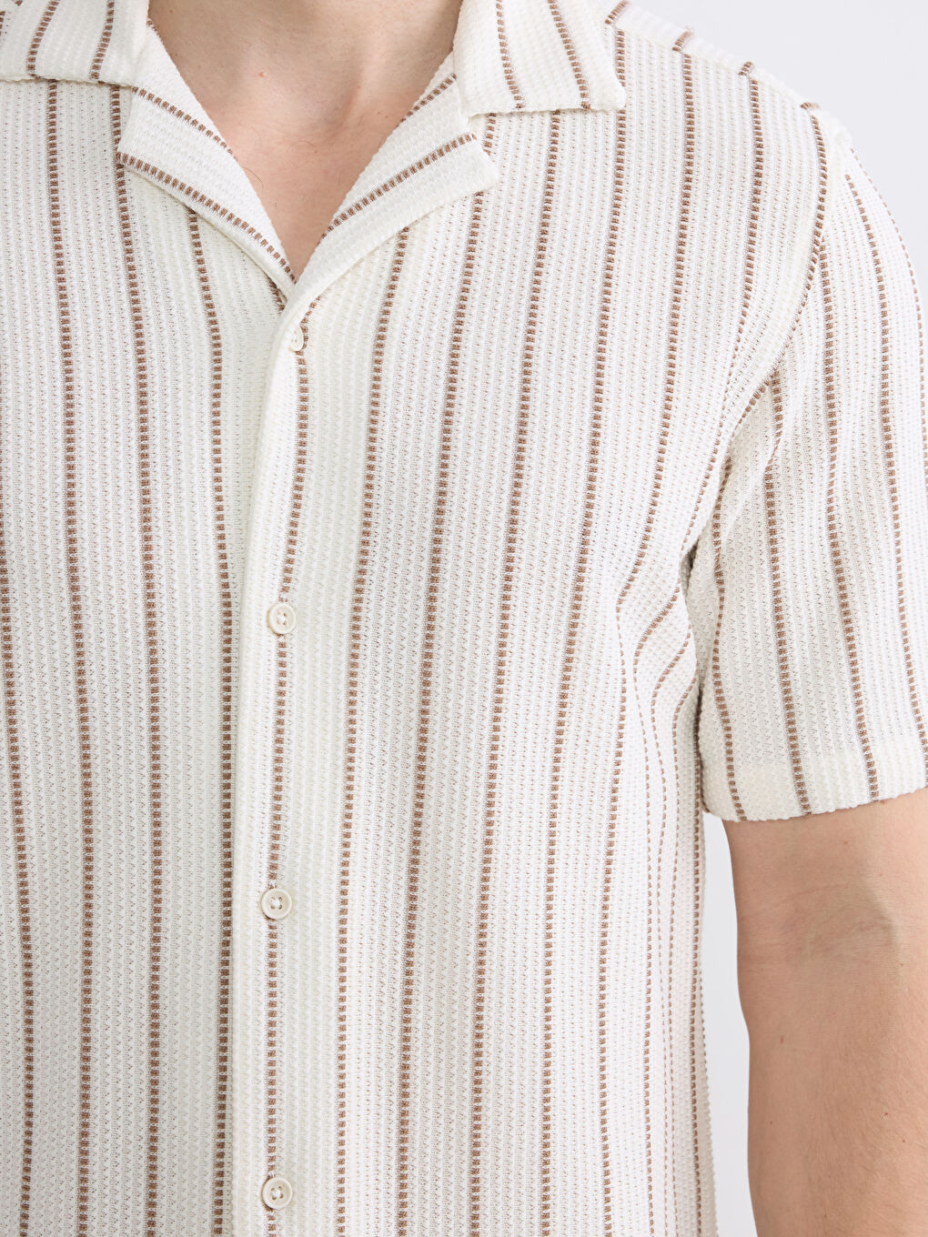 Ekru Regular Fit Resort Yaka Çizgili Erkek Gömlek-2