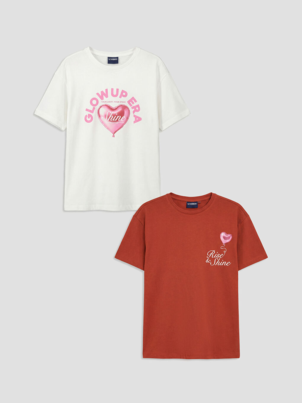 تيشيرت مطبوع برقبة دائرية للبنات - عبوتان