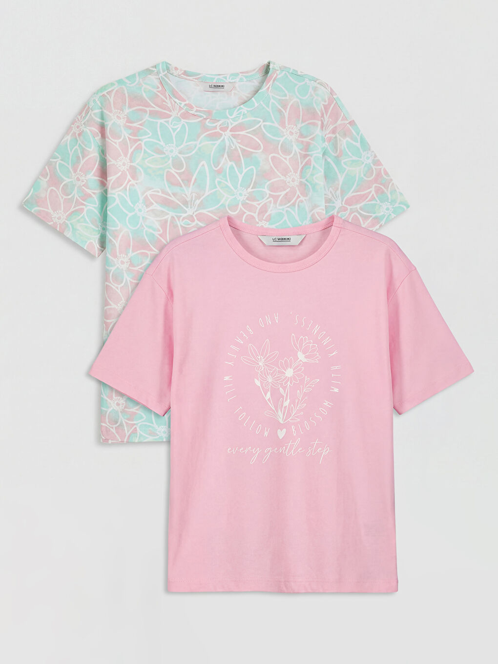 Pembe Bisiklet Yaka Desenli Kız Çocuk 2'li Tişört