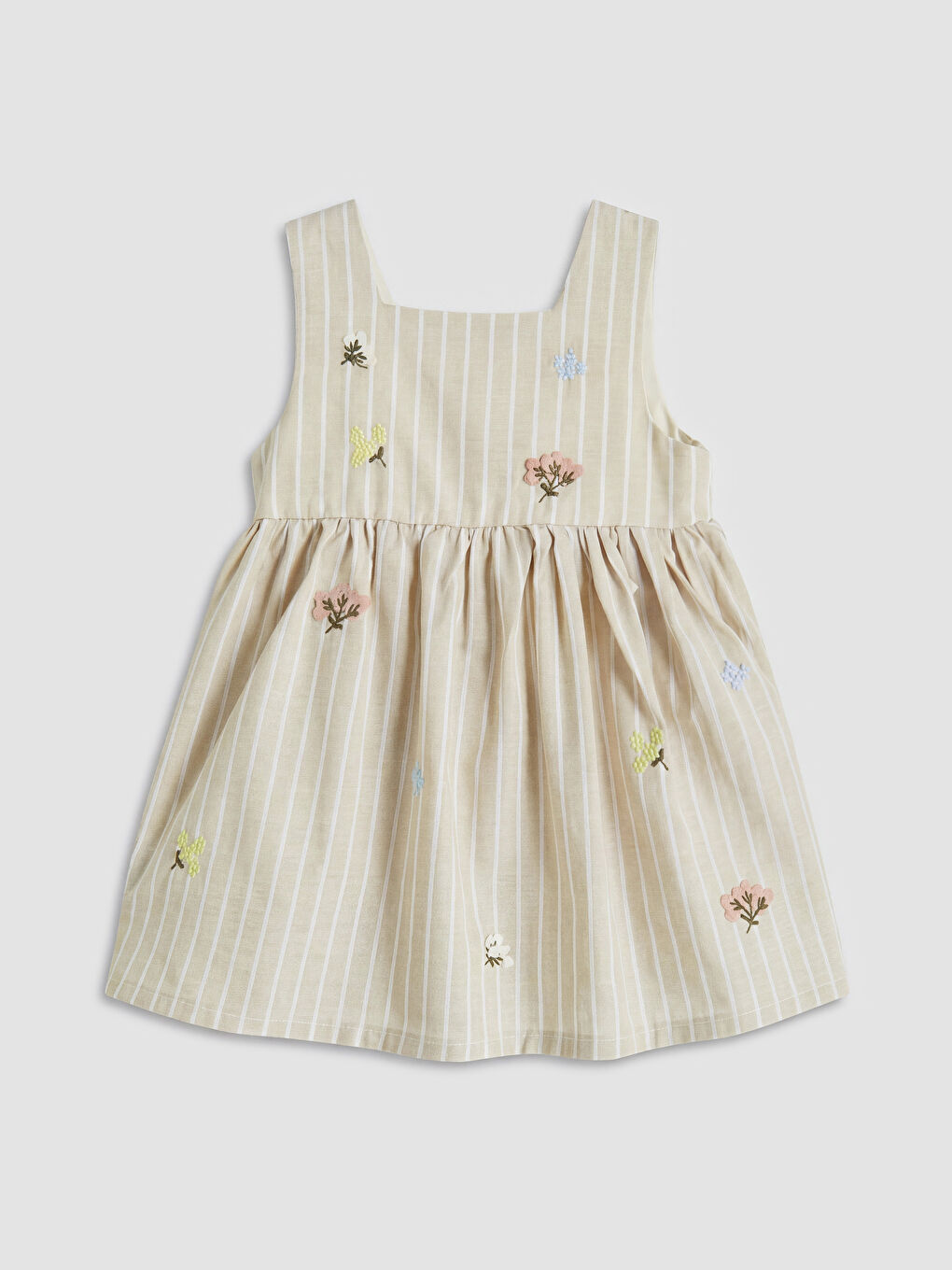 Ekru Kare Yaka Çizgili Nakışlı Kız Bebek Elbise