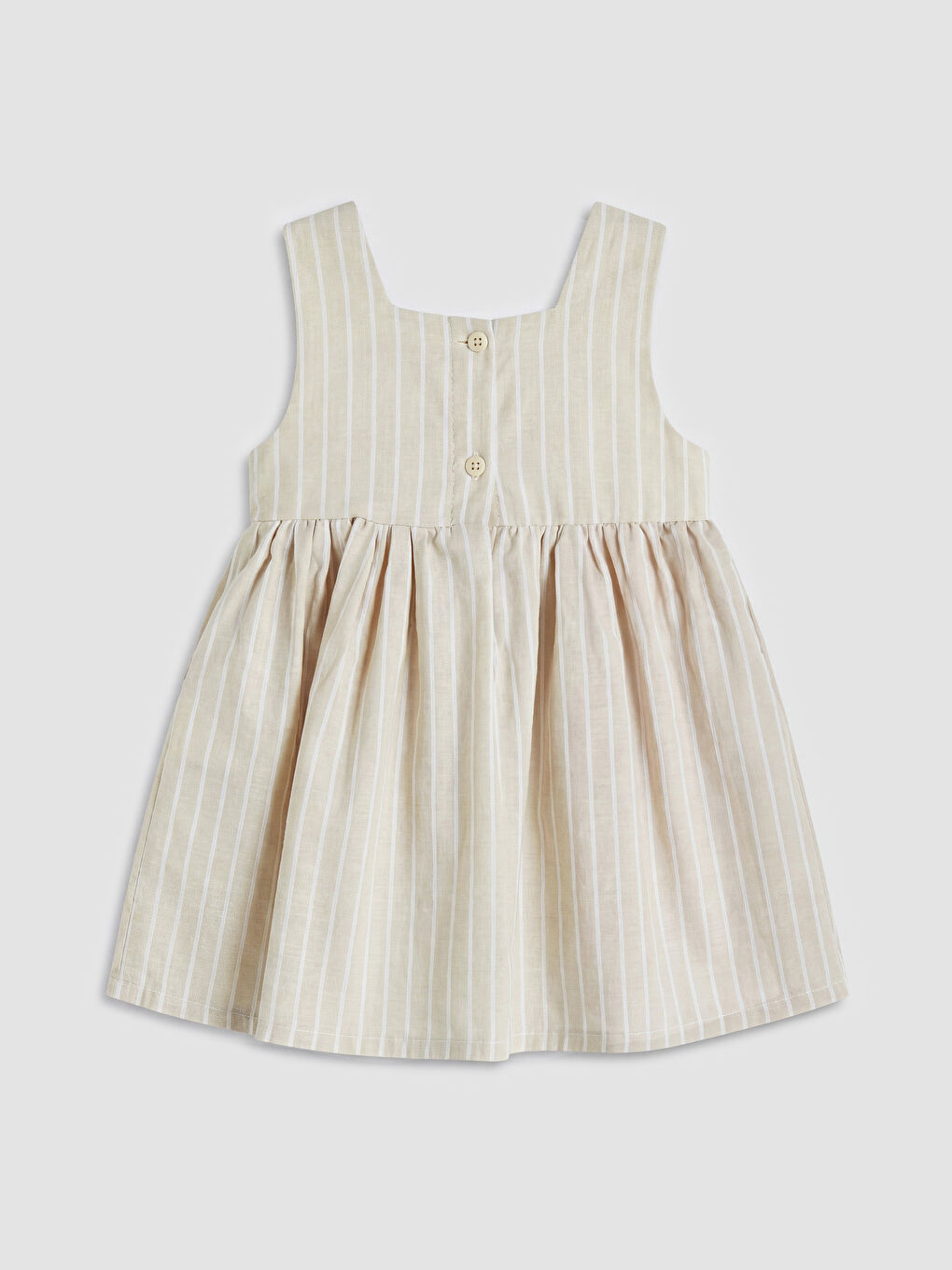 Ekru Kare Yaka Çizgili Nakışlı Kız Bebek Elbise-1