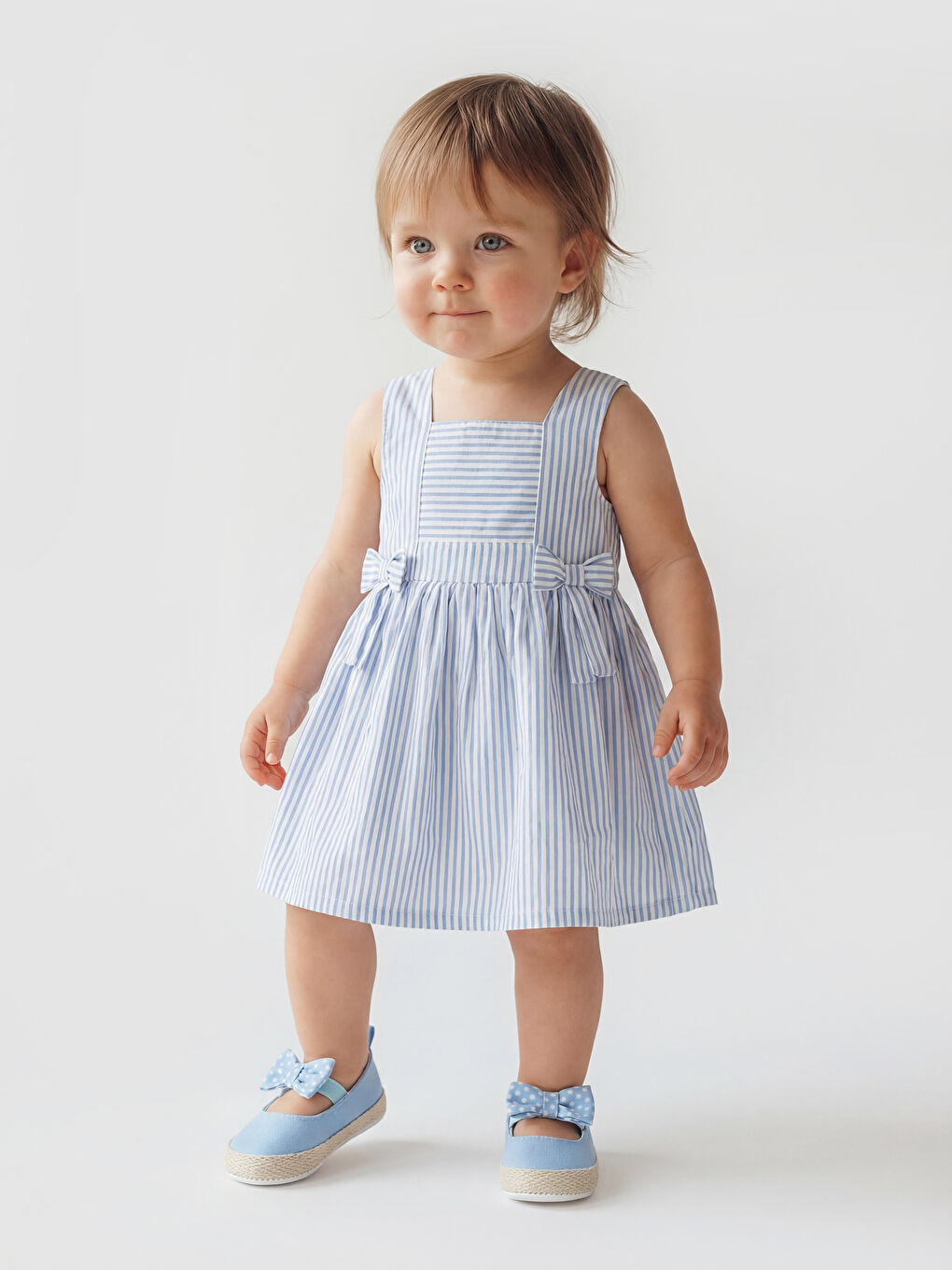 Square Neck Striped Bow Baby Girls' Dress
