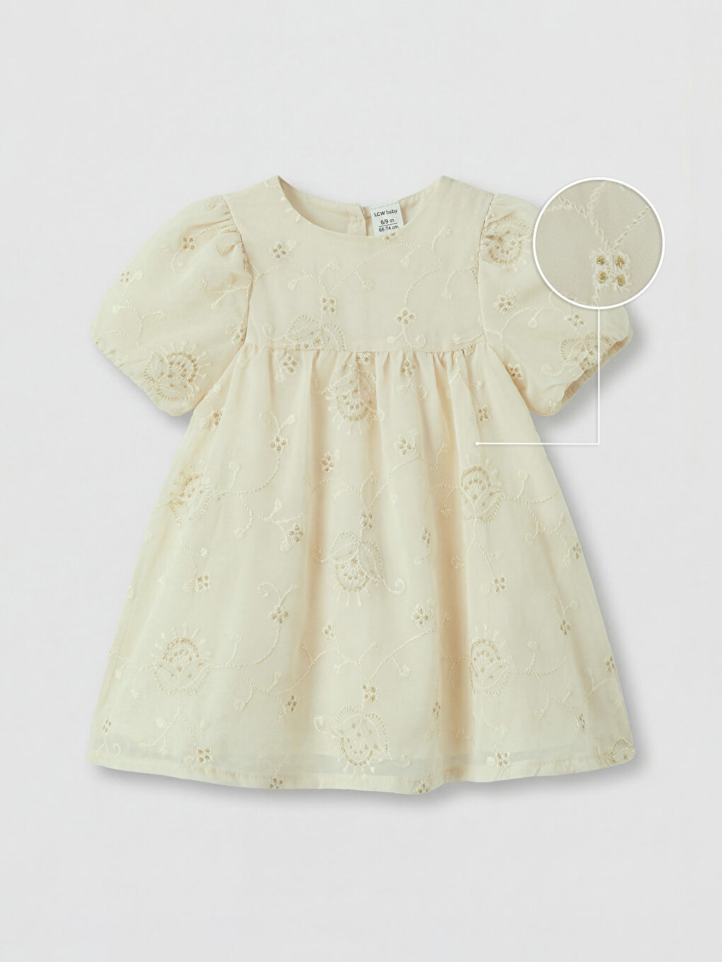 Ekru Nakışlı Kız Bebek Elbise