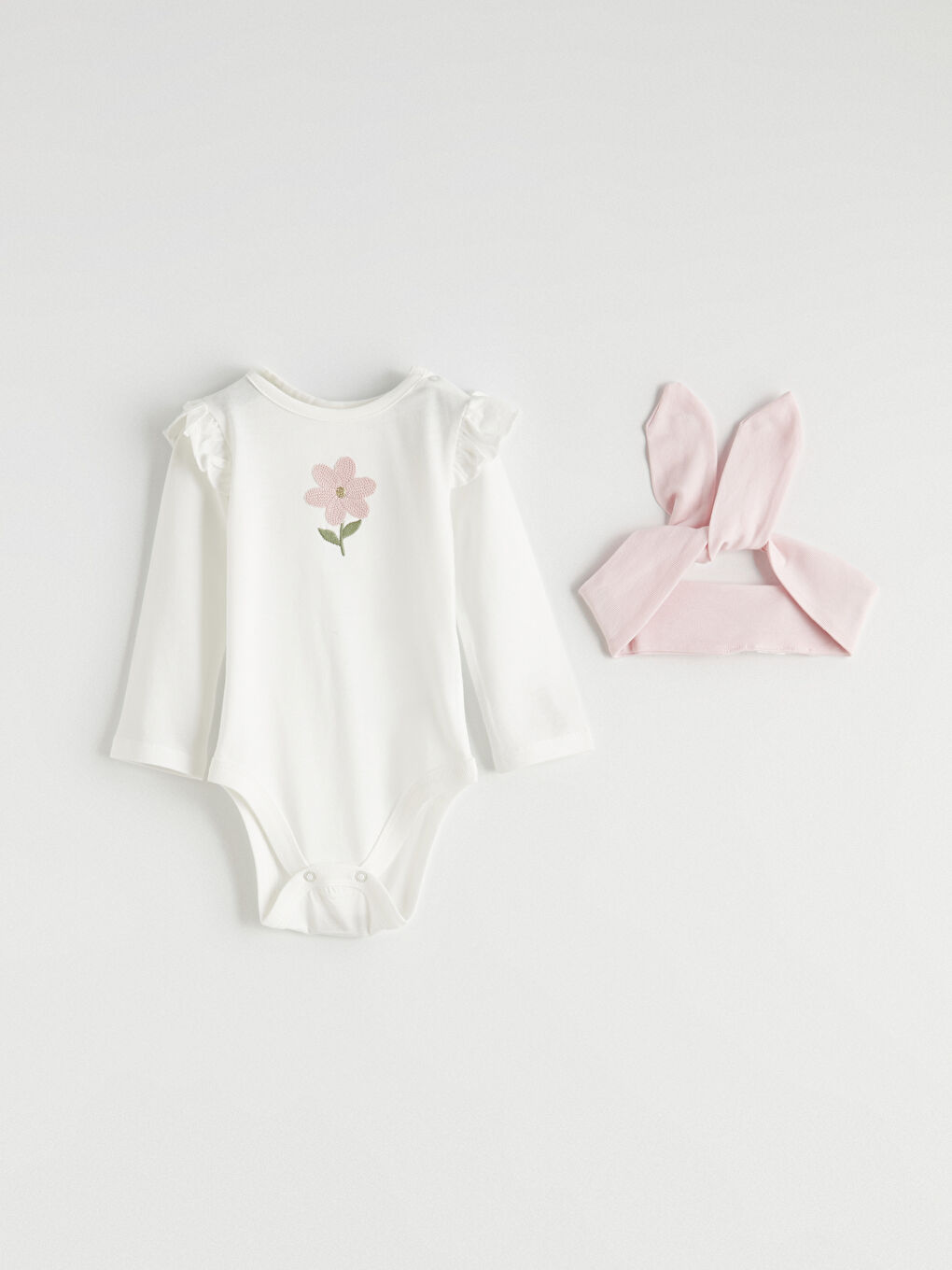 Ekru Çiçek Baskılı Kız Bebek Takım 3'lü-1