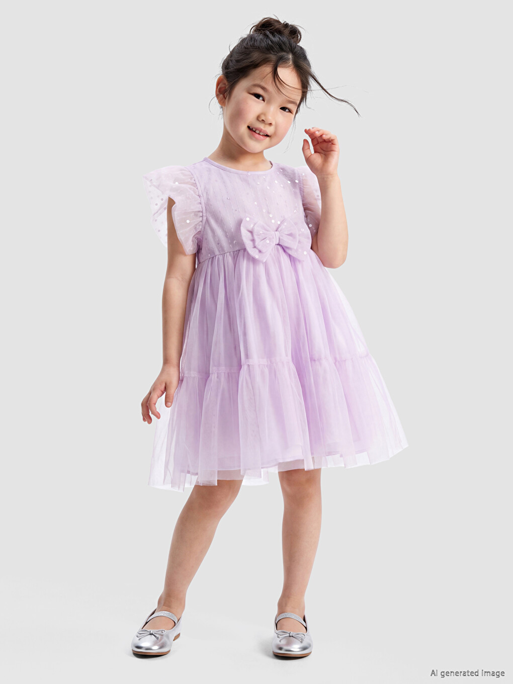 Bow Detailed Girls' Tulle Dress-1