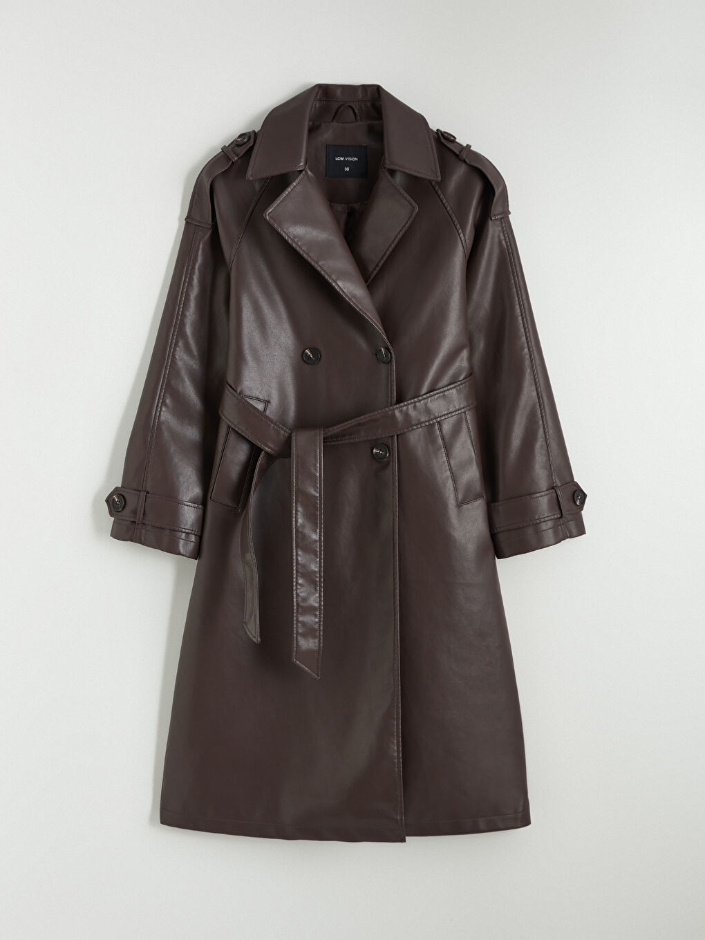 Kahverengi Kruvaze Yaka Deri Görünümlü Kadın Trençkot-4