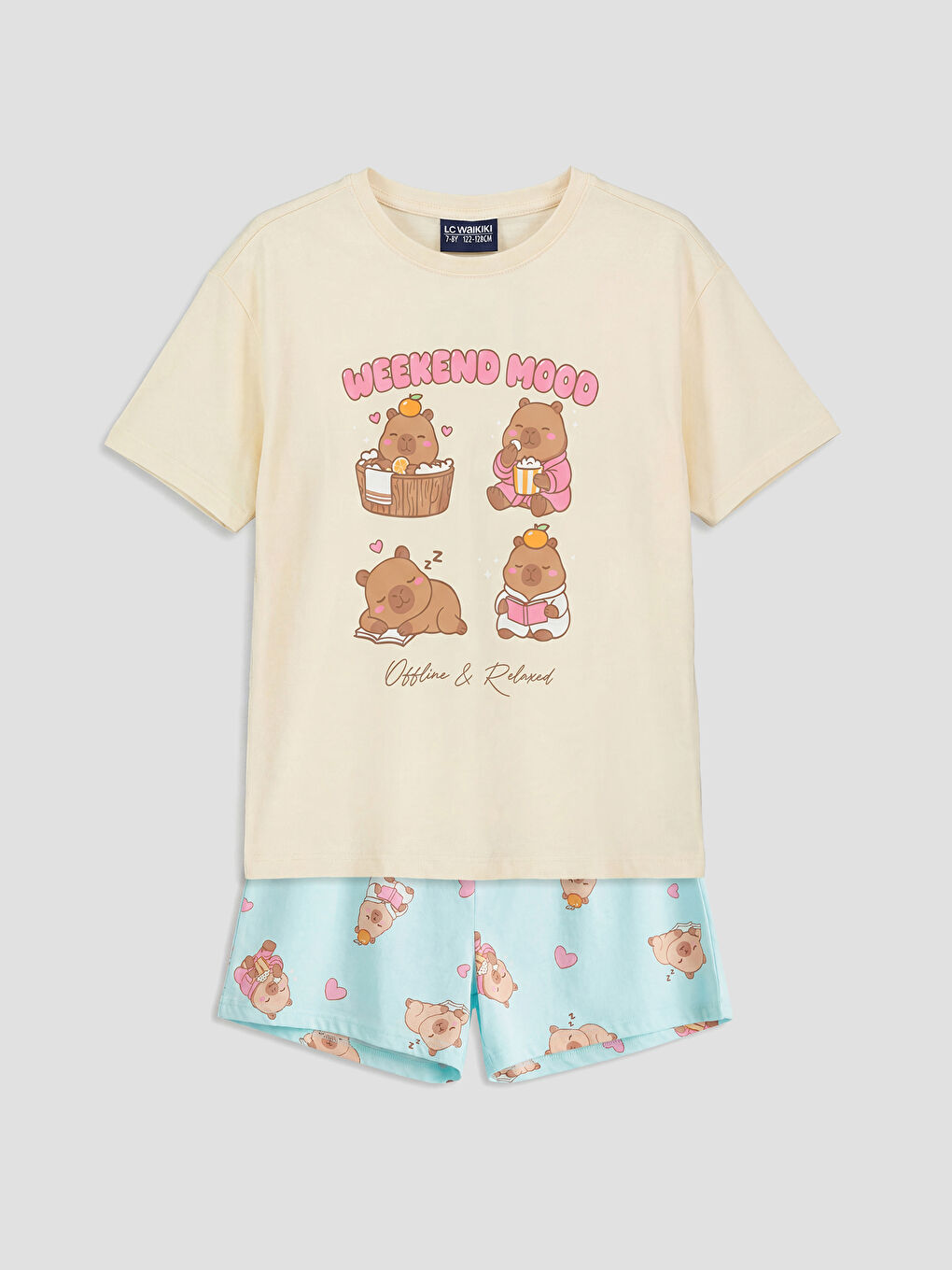 Bej Bisiklet Yaka Baskılı Kız Çocuk Şortlu Pijama Takımı