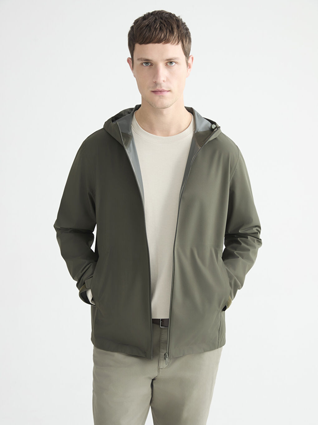 Haki Standart Kalıp Kapüşonlu Erkek Su Geçirmez Yağmurluk