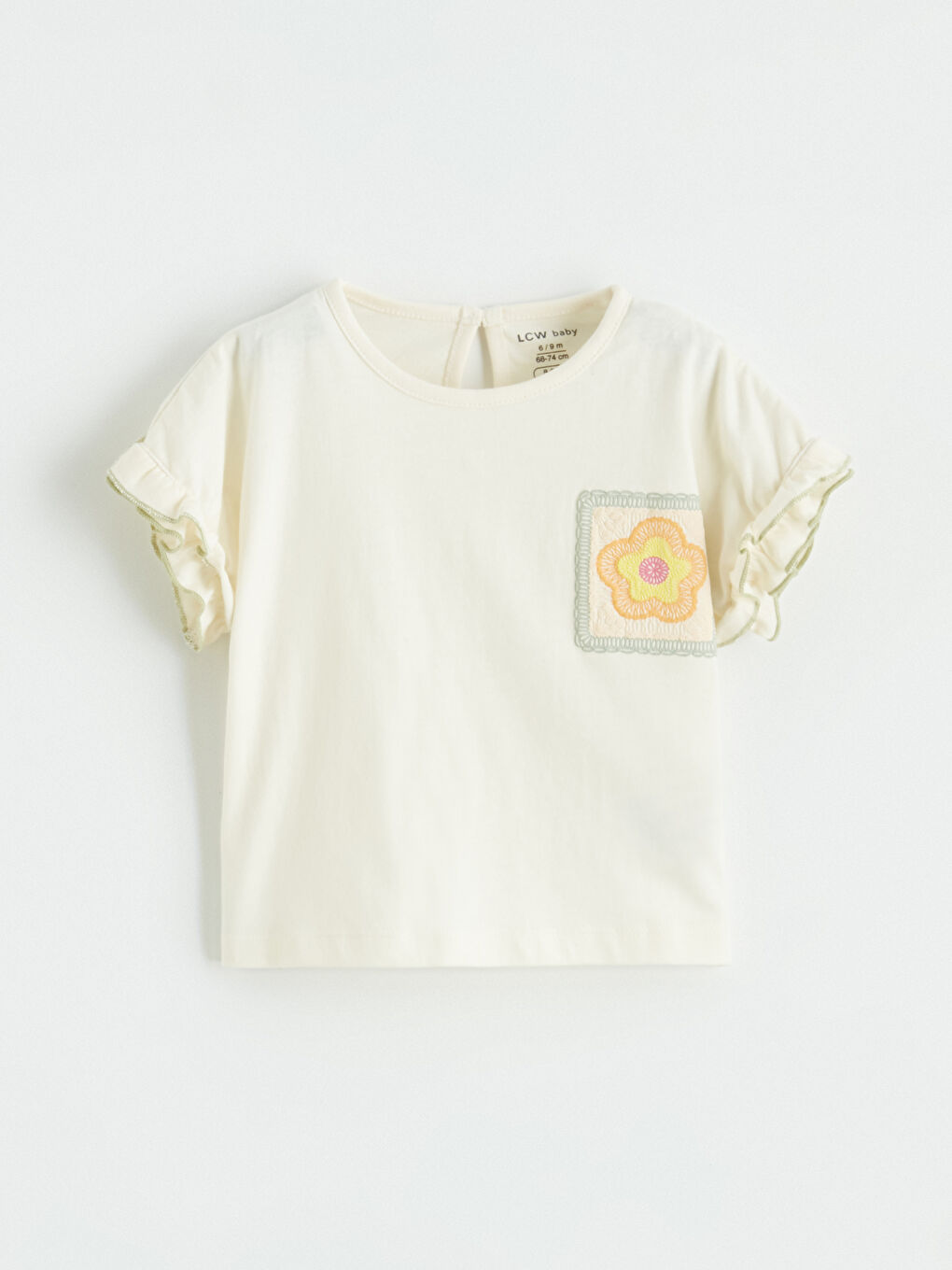 Ekru Bisiklet Yaka Nakışlı Fırfırlı Kız Bebek Tişört